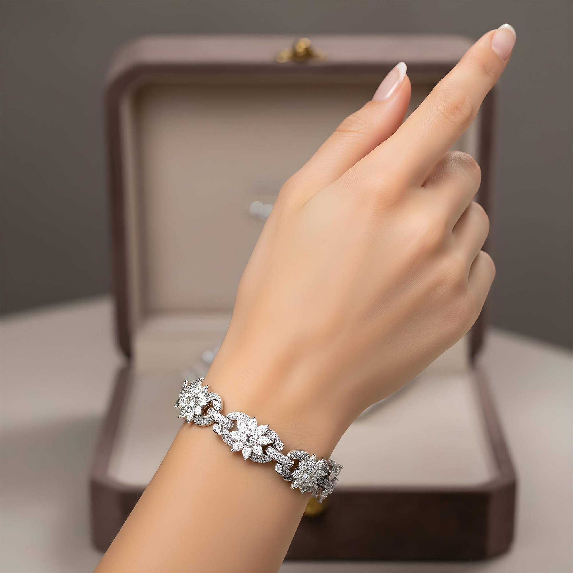 14K White Gold Round & Pear Cut Diamond Flower Bracelet 28.56ct