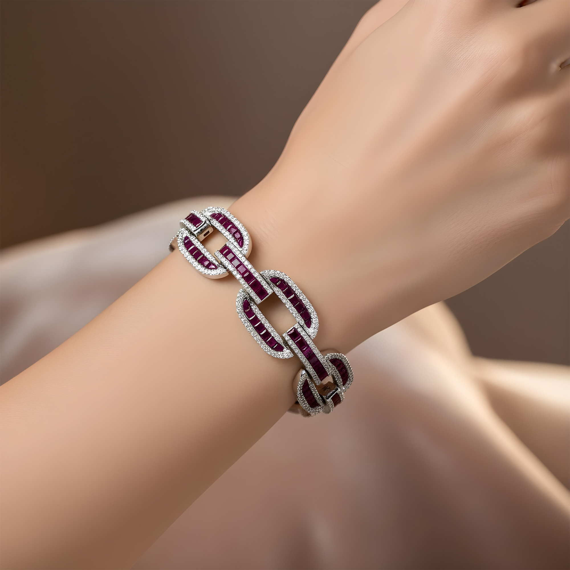 14K Yellow Gold Ruby & Diamond Hermes Link Chain Bracelet 12.09ct
