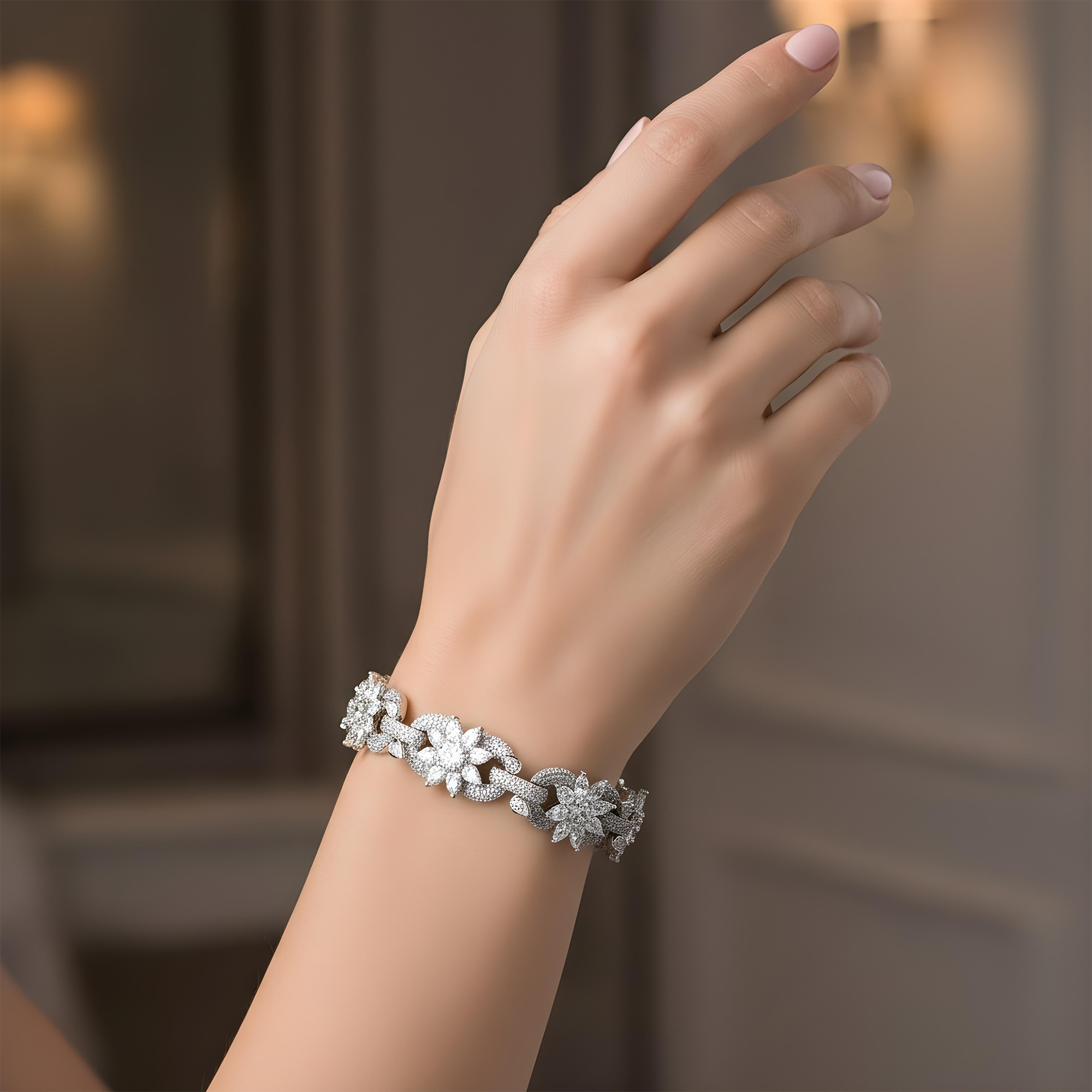 14K White Gold Round & Pear Cut Diamond Flower Bracelet 28.56ct