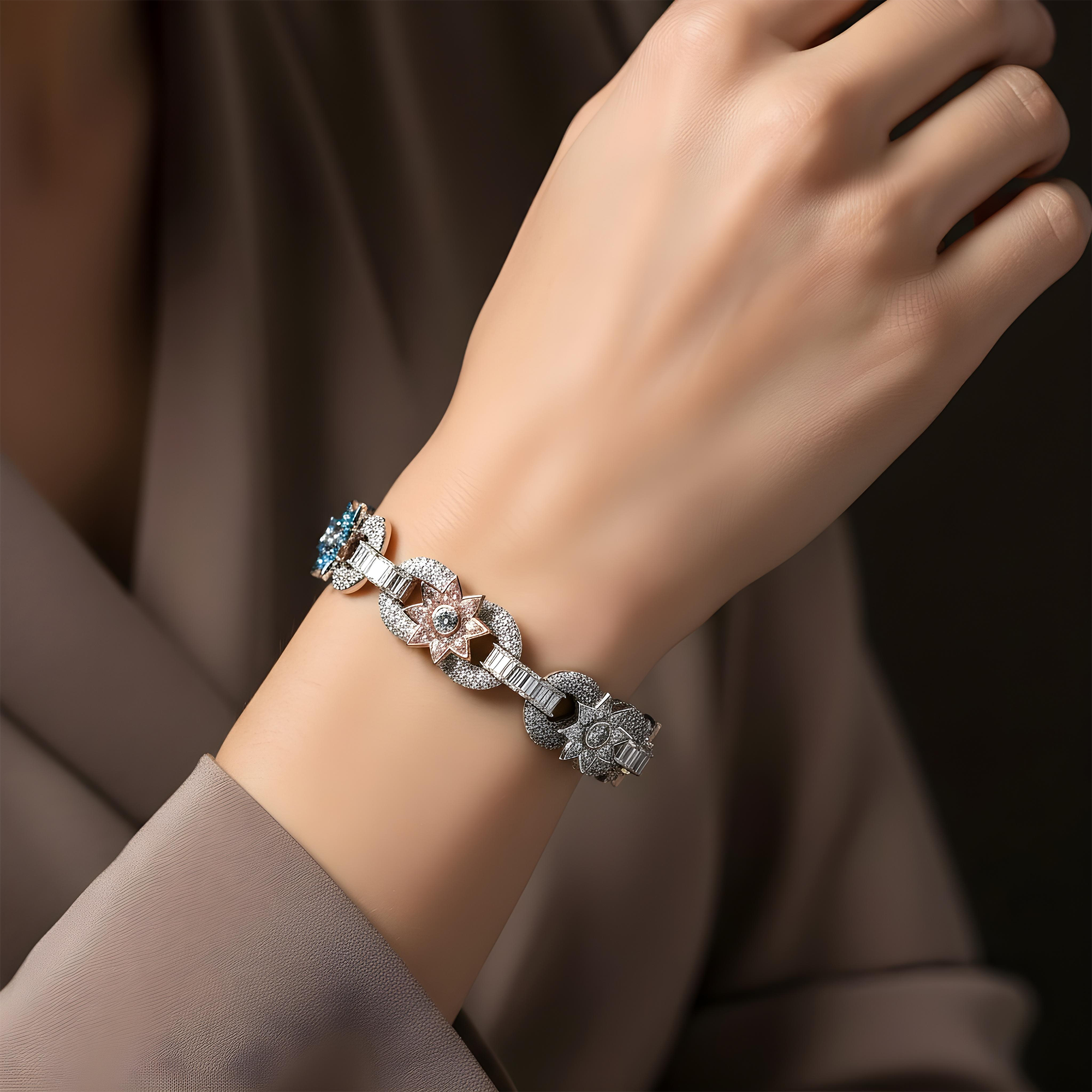 14K Two Tone Fancy Color Round & Pear Cut Diamond Flower Bracelet 20.37ct