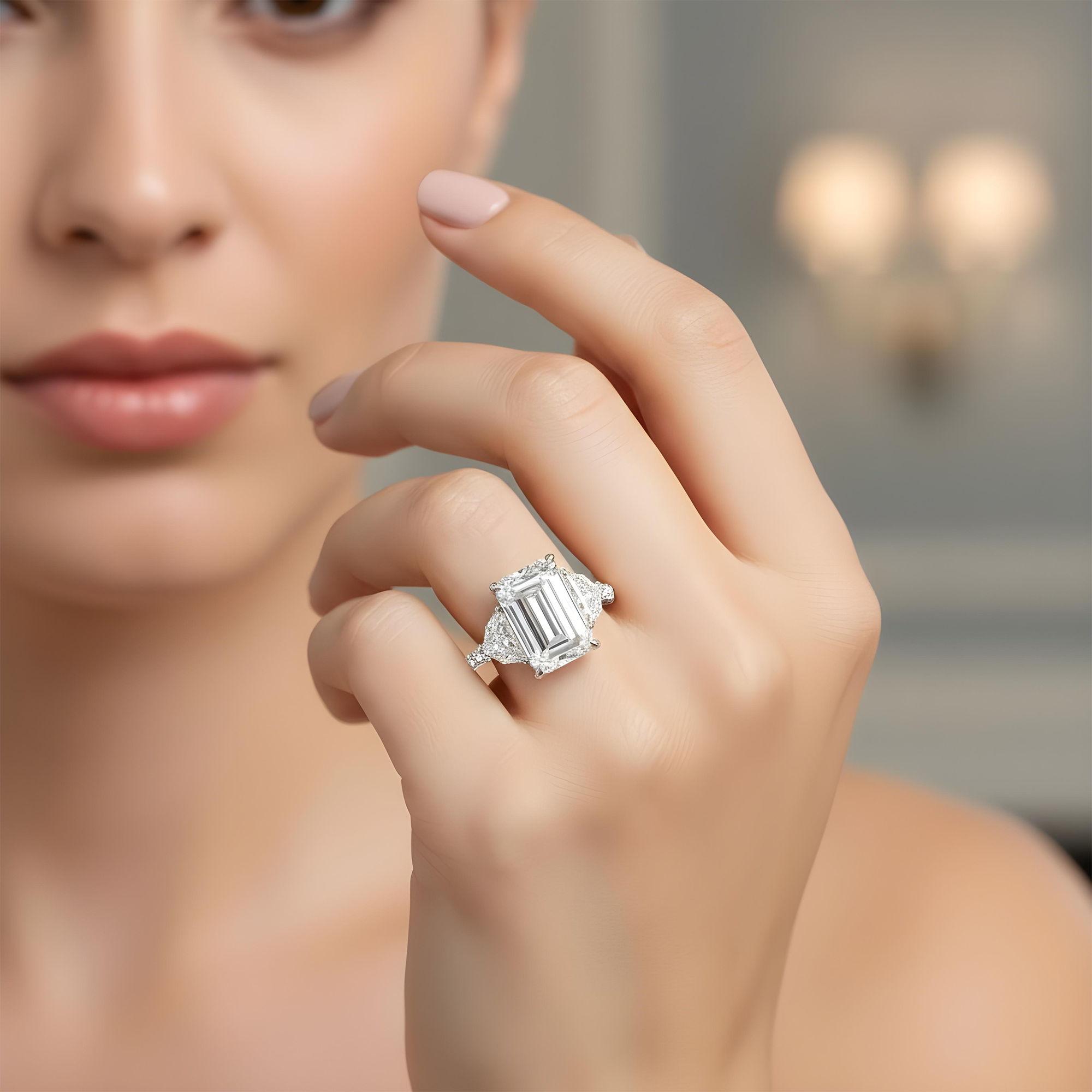 Platinum 14.07ct Emerald Cut Triple Diamond Engagement Ring 18.08ctw