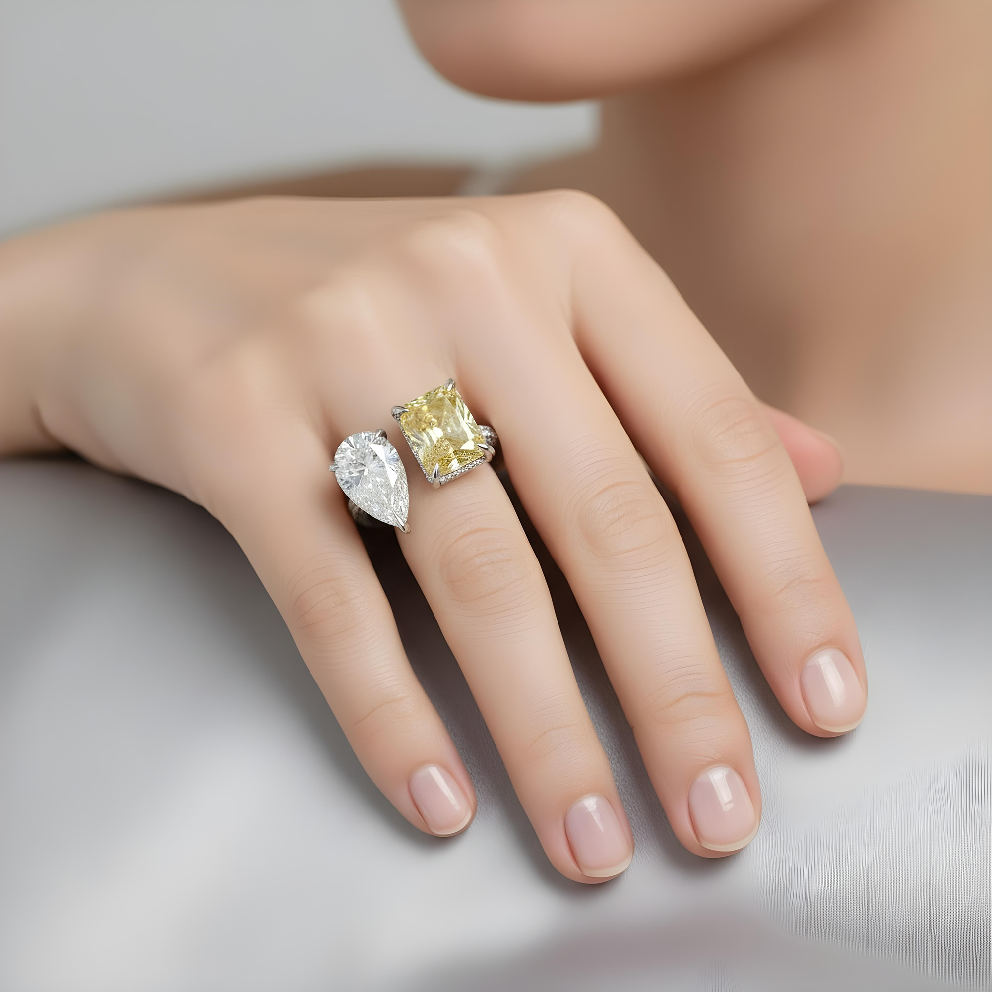 18K Yellow Gold Pear Cut & Fancy Yellow Radiant Cut Diamond Toi et Moi Ring 7.27ctw