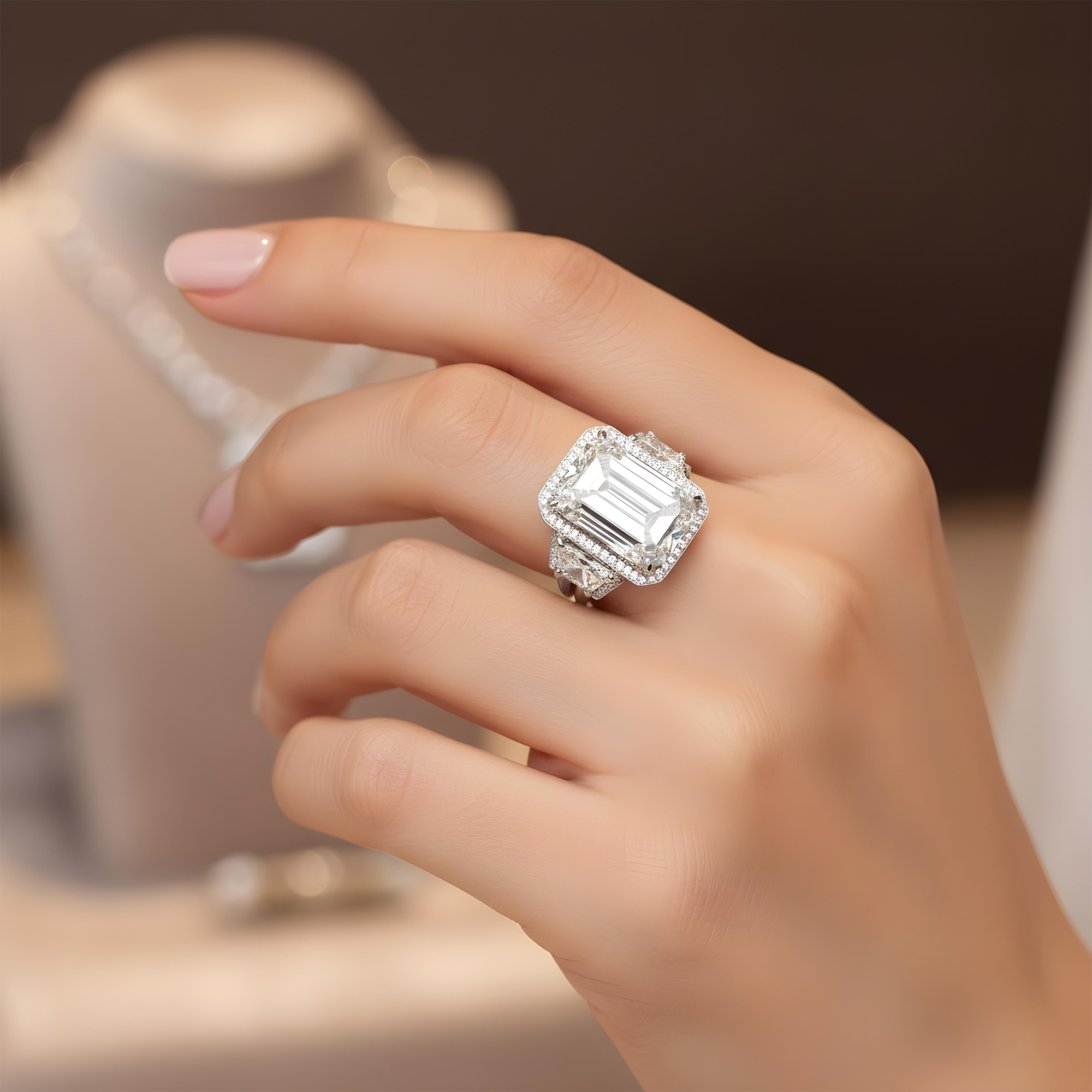 Platinum 12.32ct Emerald Cut Triple Diamond Engagement Ring 15.31ctw
