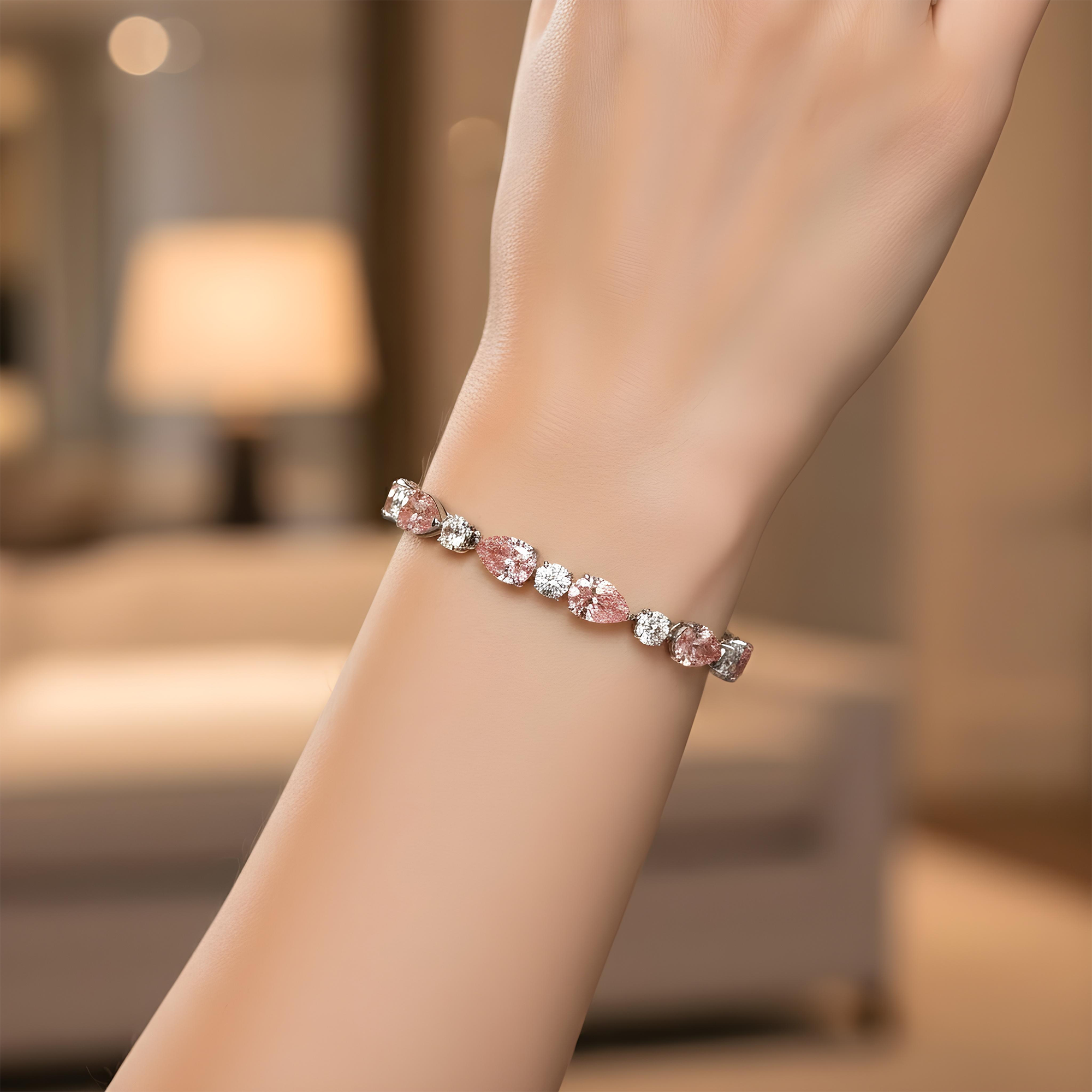 IGI Platinum & 18K Rose Gold Pear Cut Fancy Pink & Round Diamond Bracelet 26.11ct