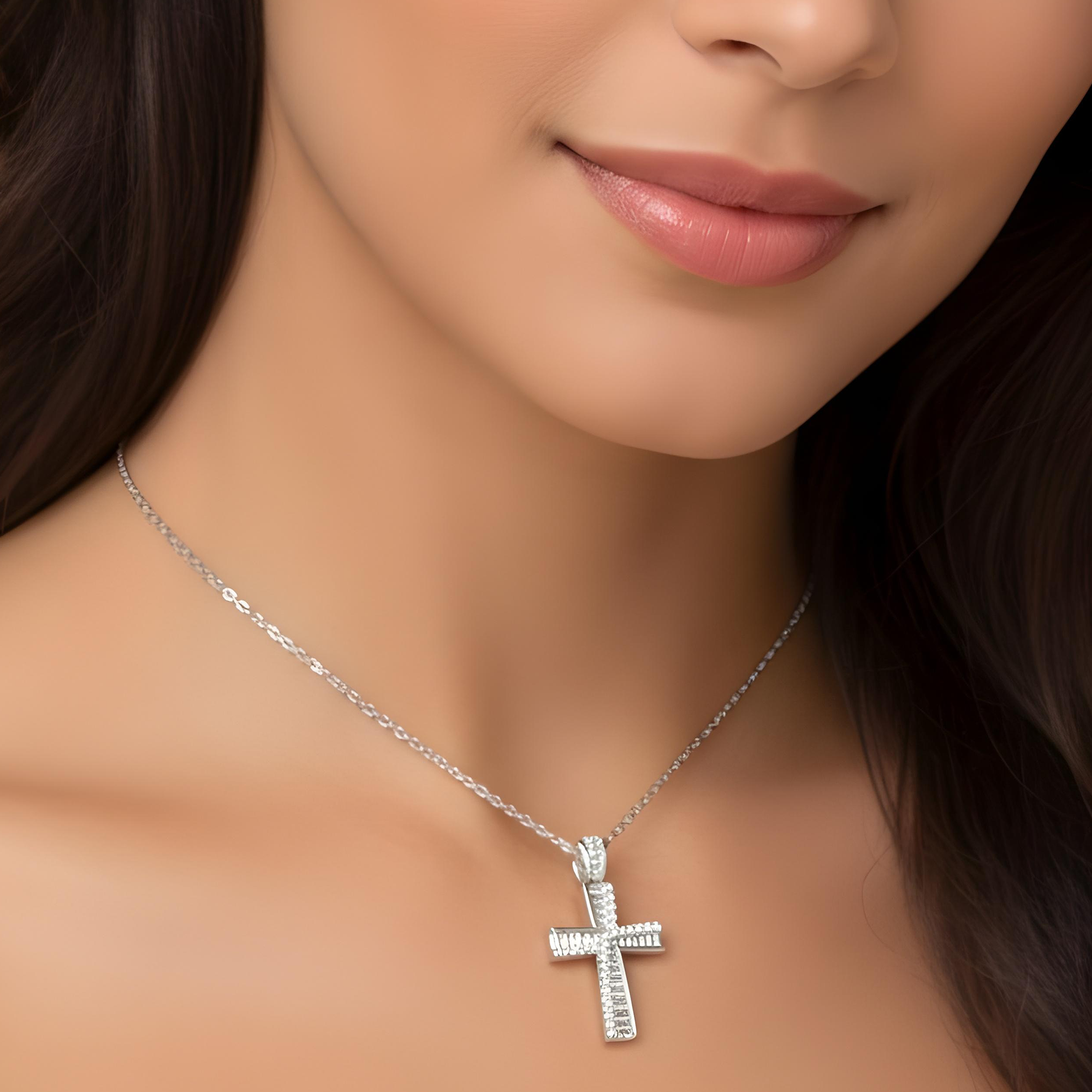 14K Rose Gold Baguette & Round Diamond Cross Pendant 1.14ct