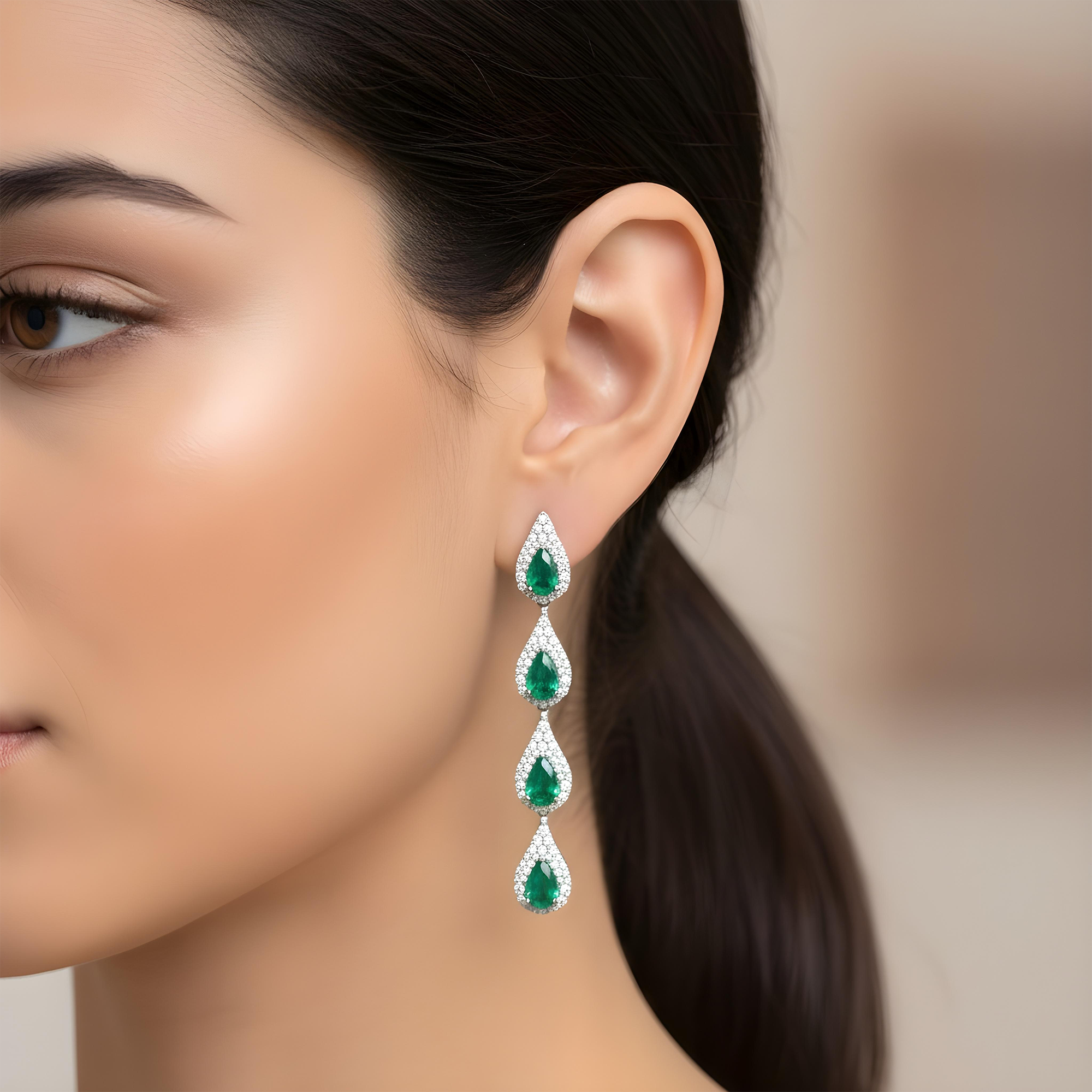 14K Yellow Gold Emerald & Round Diamond Drop Earrings 2.64ctw