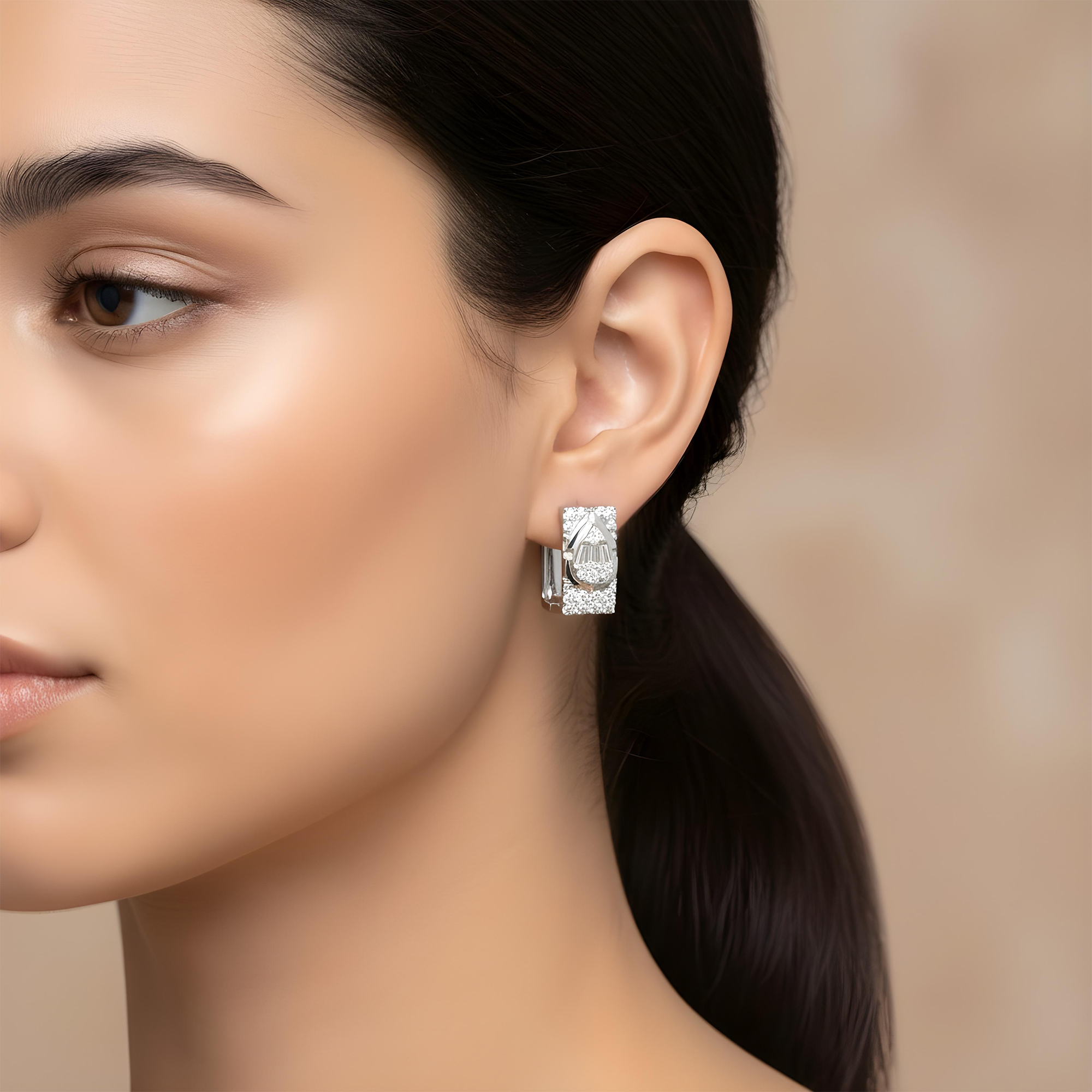 14K Two Tone Baguette & Round Diamond Square Hoop Huggie Earrings 1.20ctw