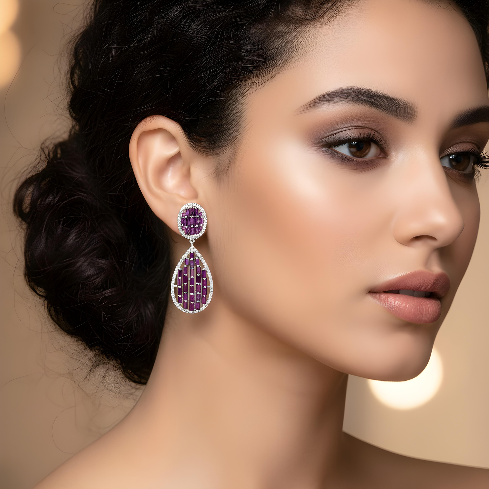 14K Yellow Gold Emerald Cut Pink Sapphire & Diamond Drop Earrings