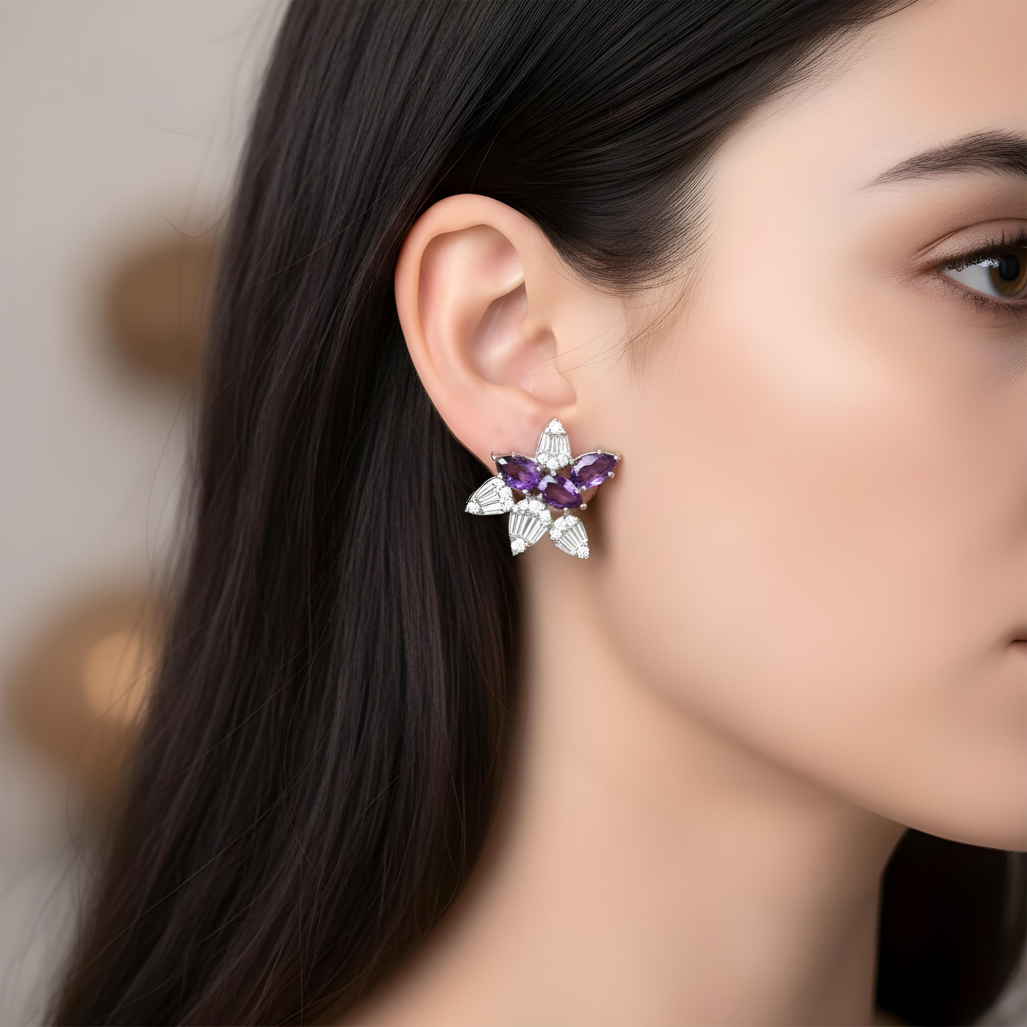 14K Yellow Gold Amethyst Gemstone & Diamond Stud Earrings
