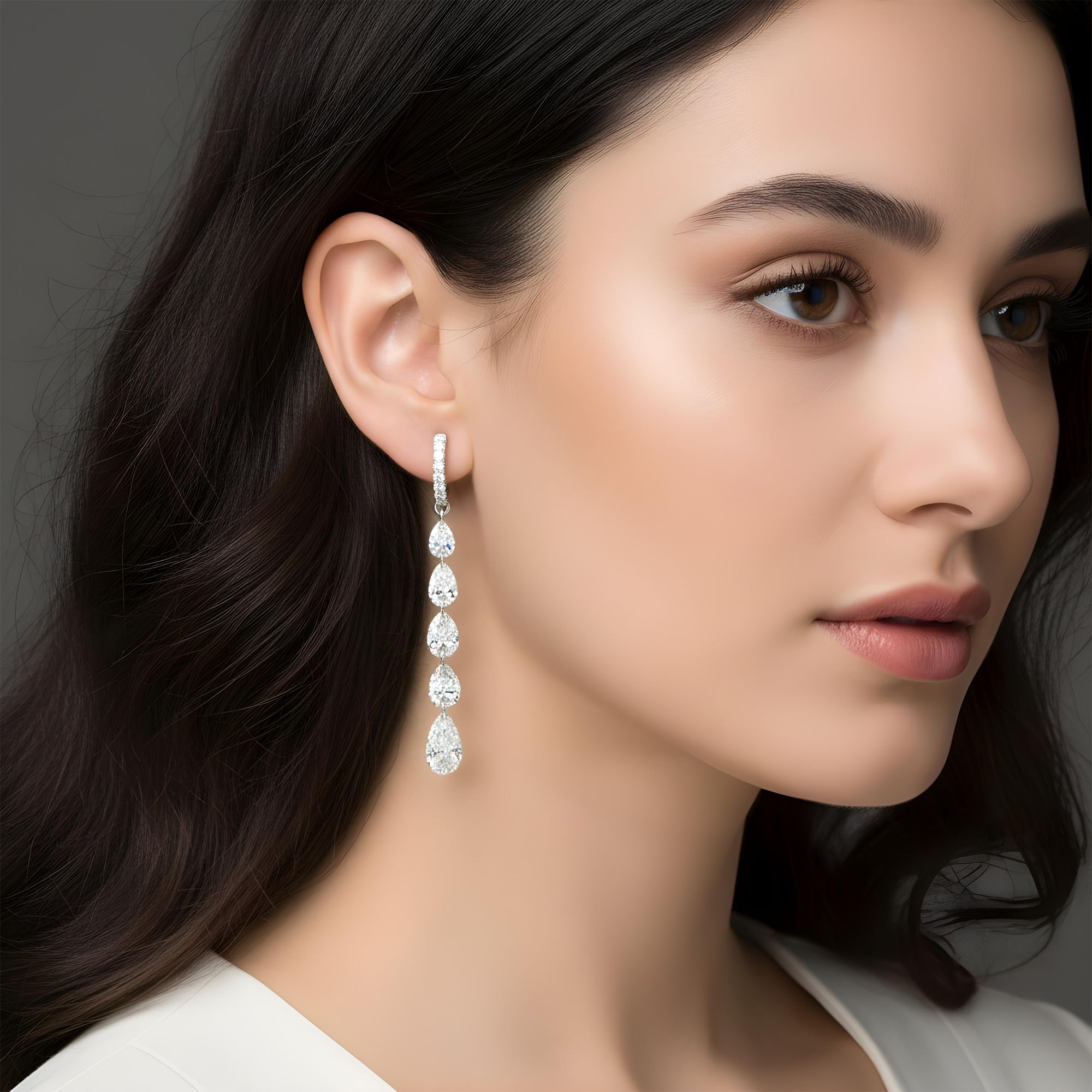 14K Yellow Gold Pear Cut Diamond Huggie Drop Earrings 4.66ctw
