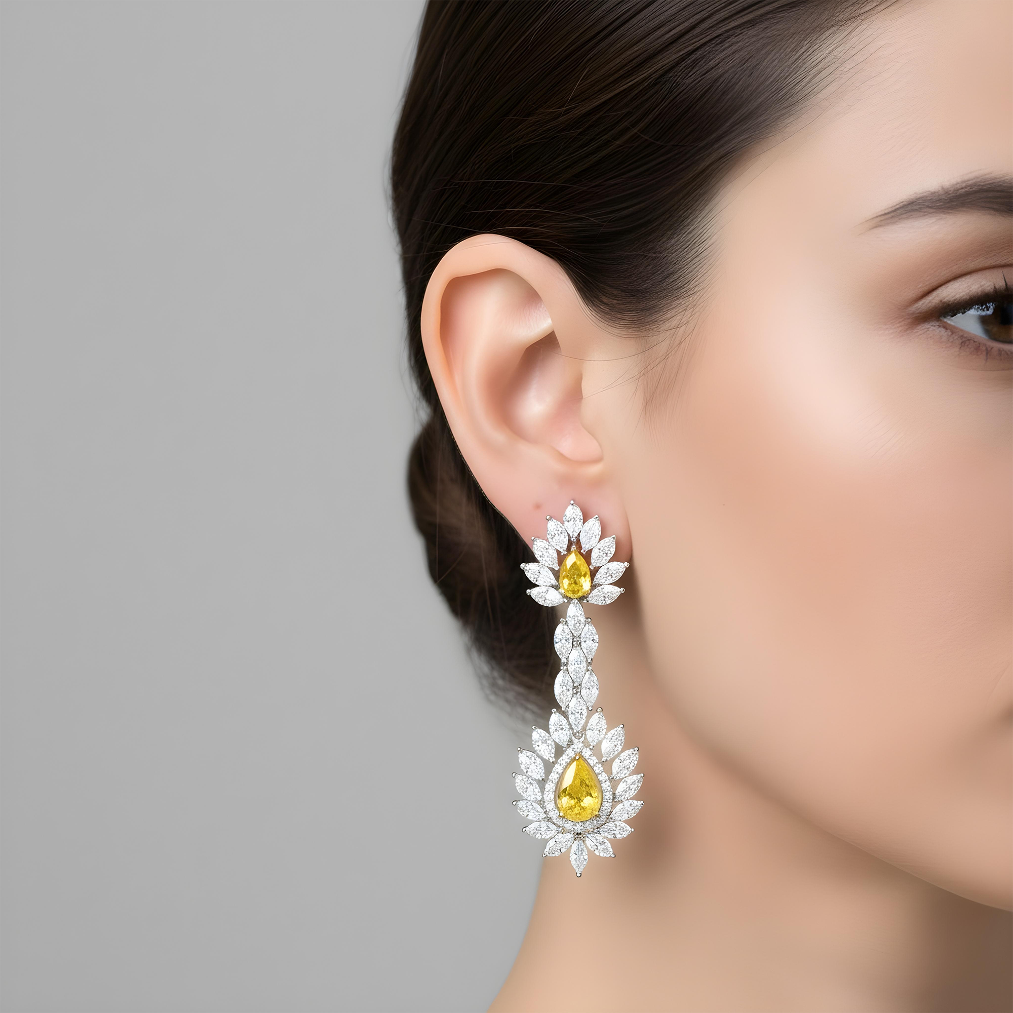 14K White Gold Multi Cut Fancy Yellow Drop Earrings 13.64ctw