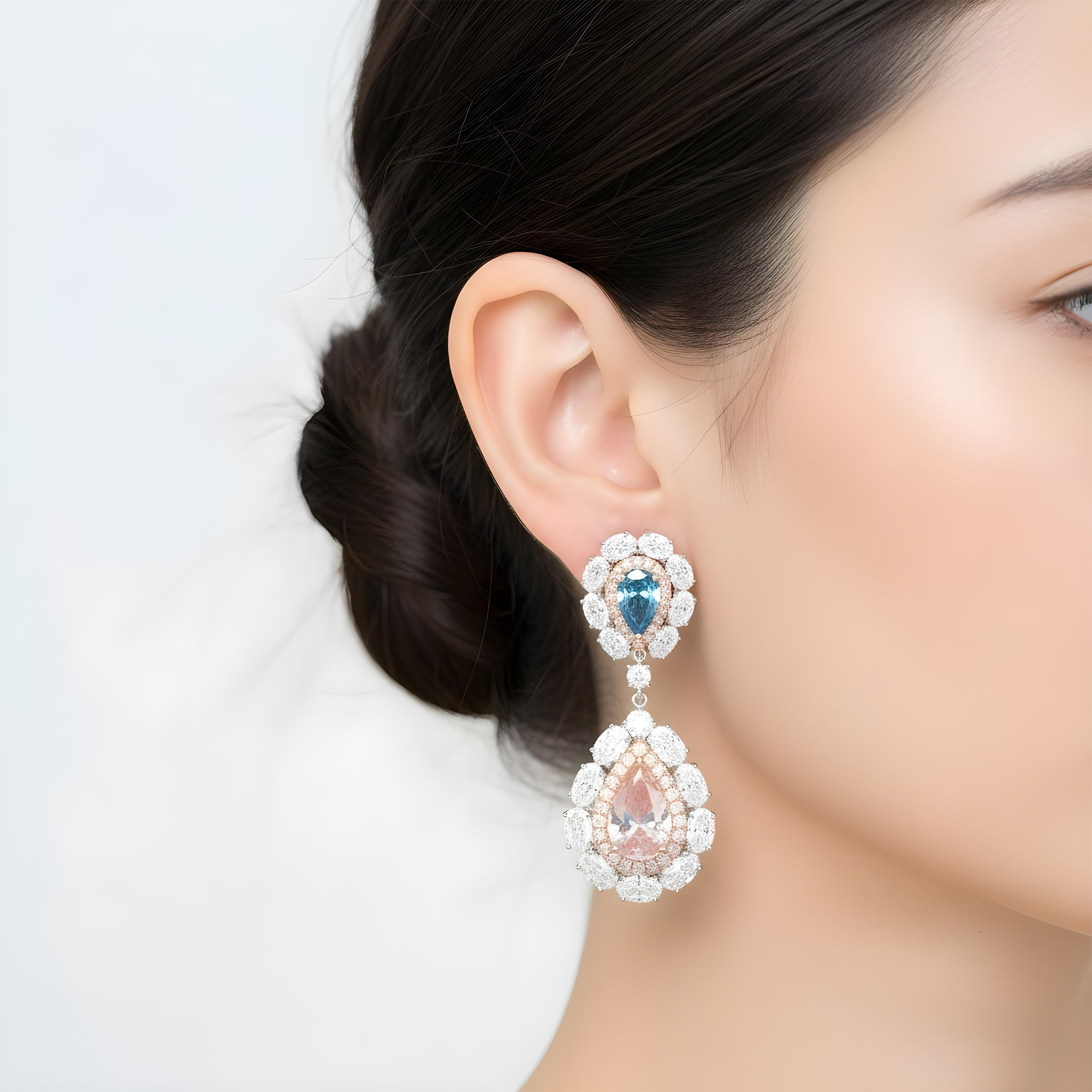 14K White Gold Multi Cut Fancy Pink & Blue Diamond Drop Earrings 14.02ctw