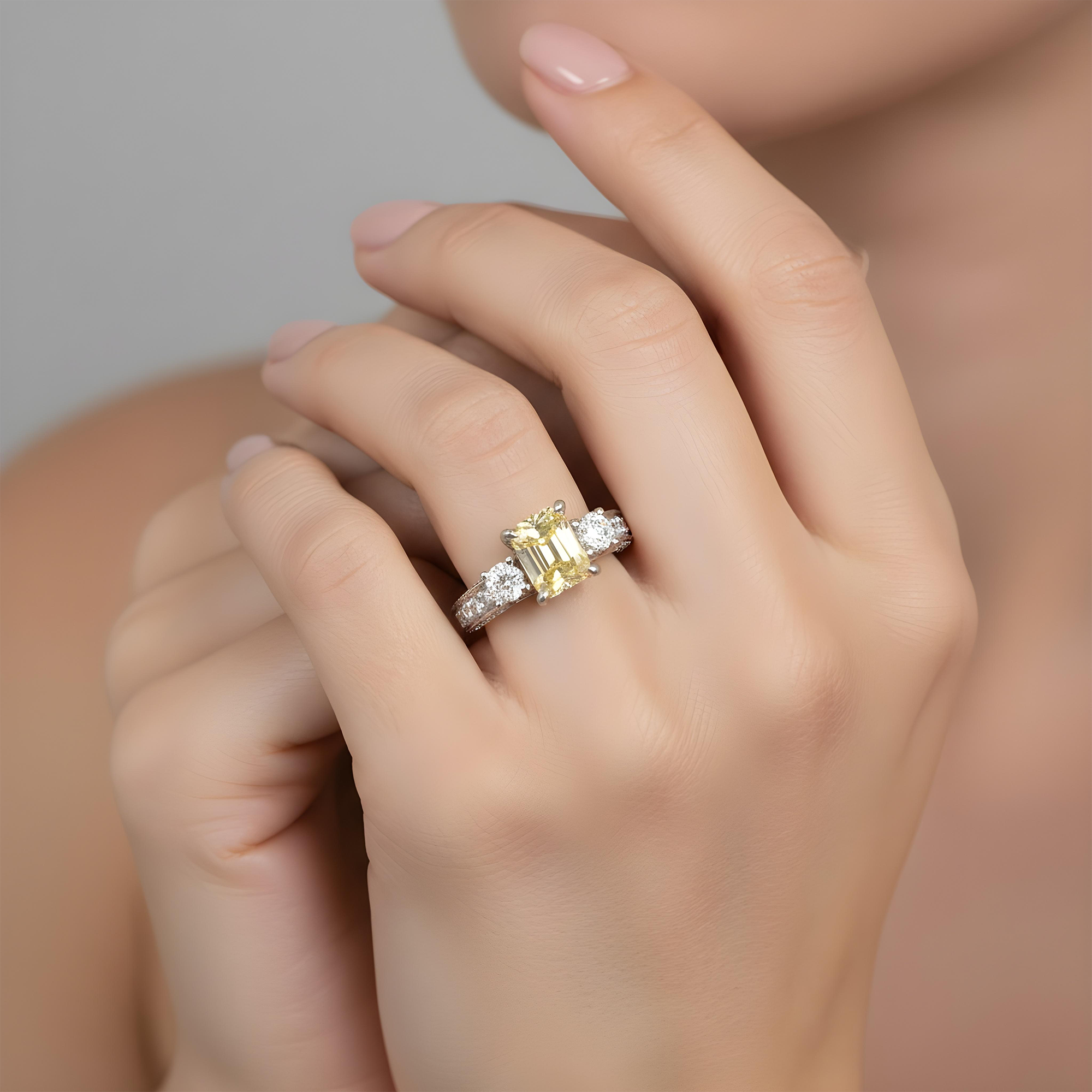 18K Yellow Gold 2ct Radiant Cut Fancy Vivid Yellow Diamond Ring 3.23ctw
