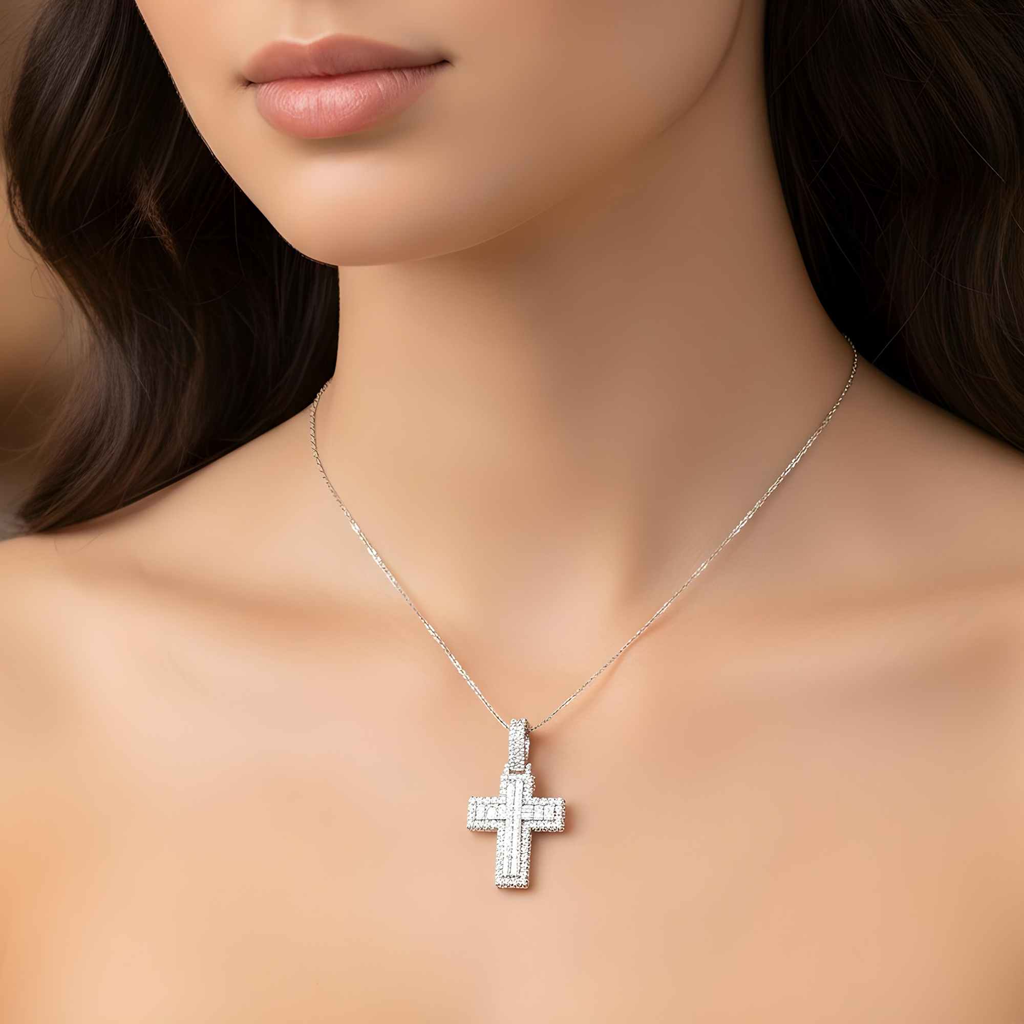 14K Two Tone Round Diamond Bilevel Cross Pendant 6.90ct