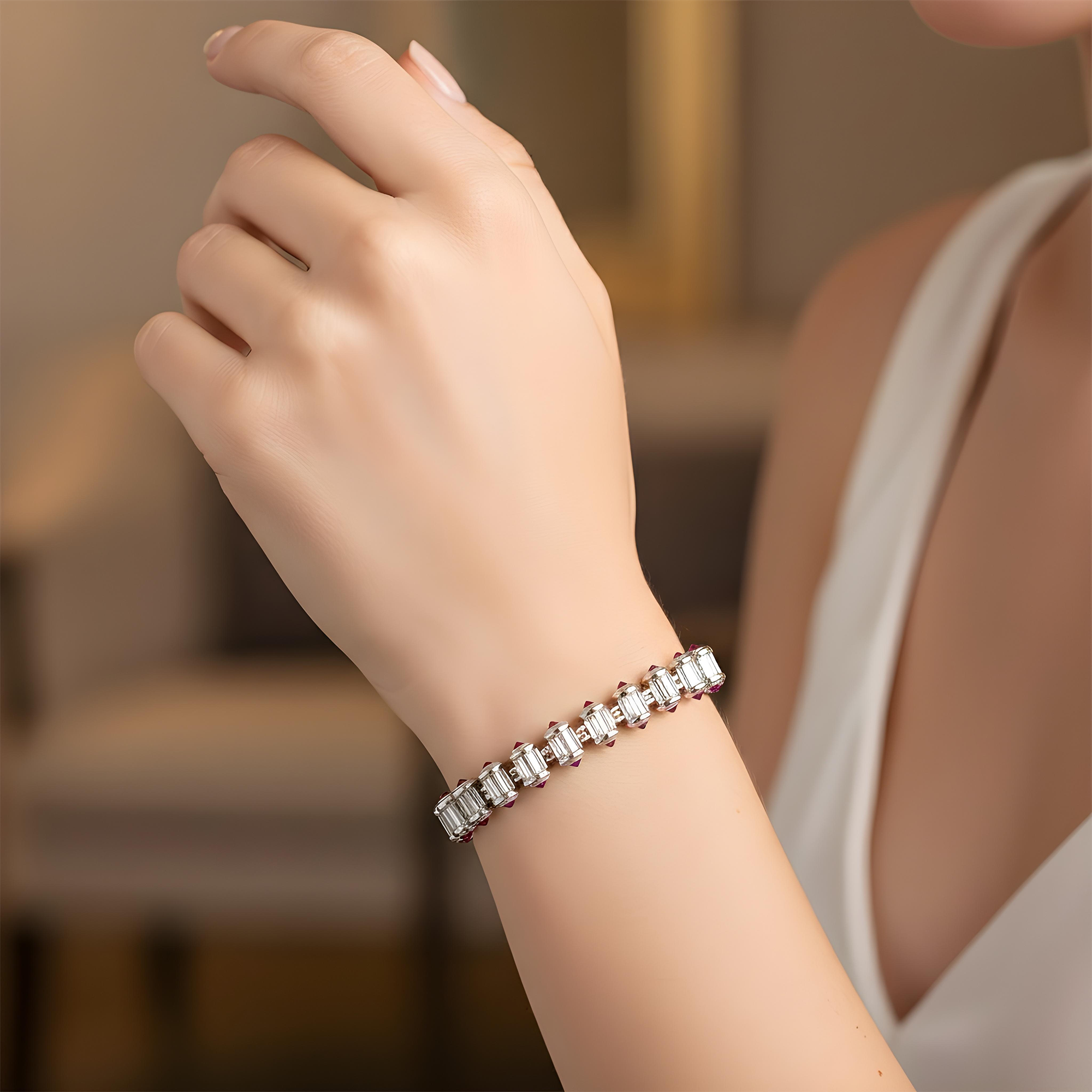 14K Yellow Gold Ruby & Baguette Cut Diamond Tennis Bracelet 7.71ct