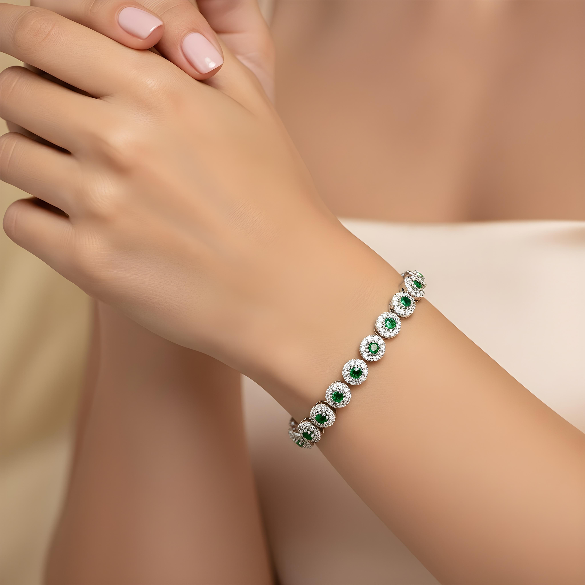 14K Yellow Gold Round Diamond & Emerald Bracelet 4.16ct