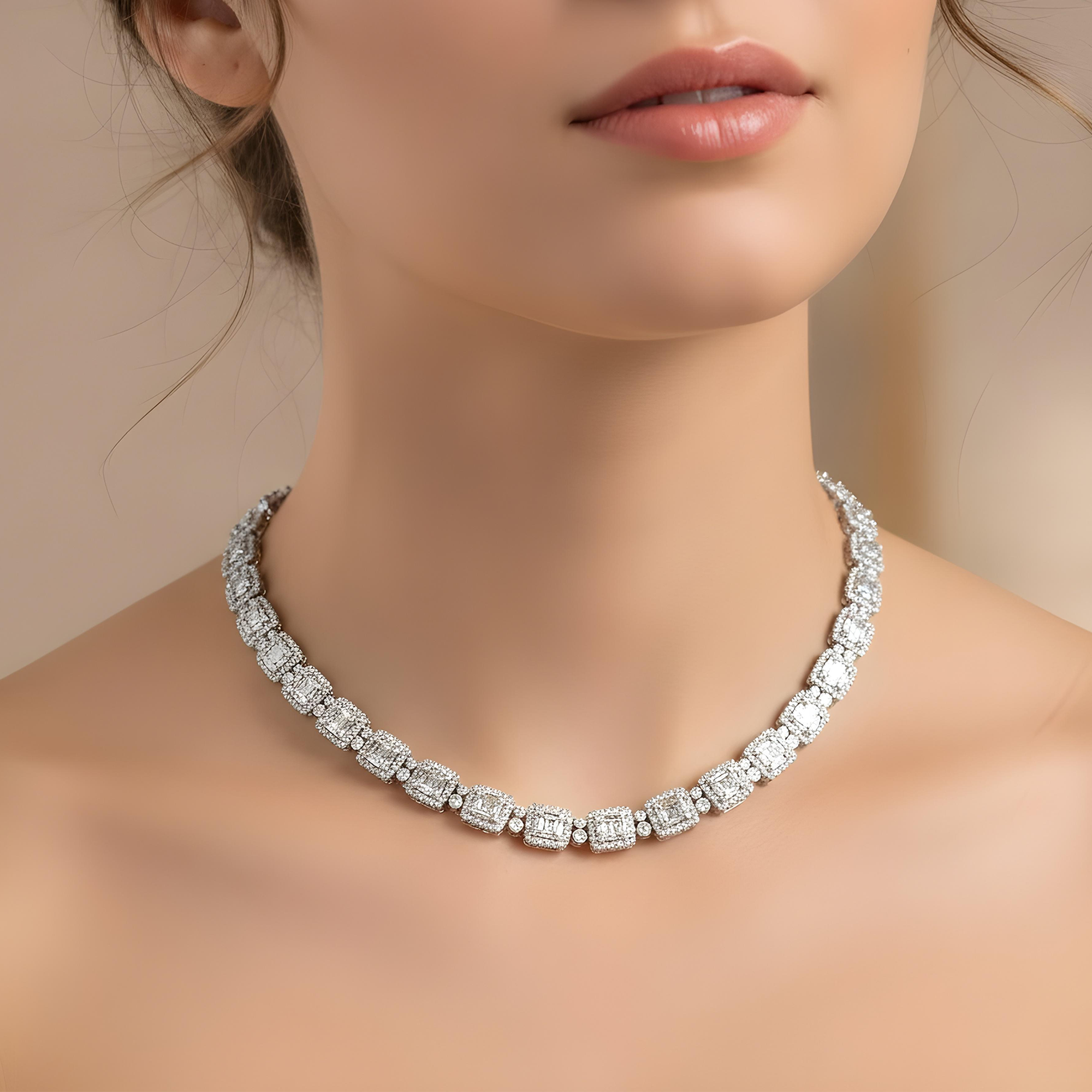 14K Two Tone Round & Baguette Cut Diamond Chain 14.62ct