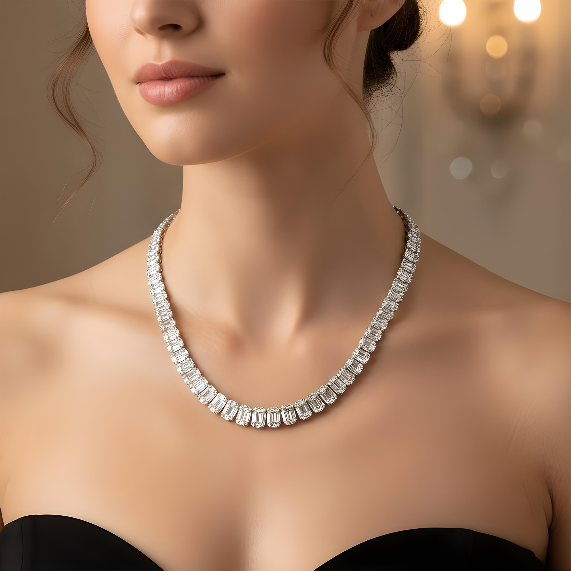 14K Yellow Gold Graduated Round & Baguette Cut Diamond Tennis Chain 22.65ct