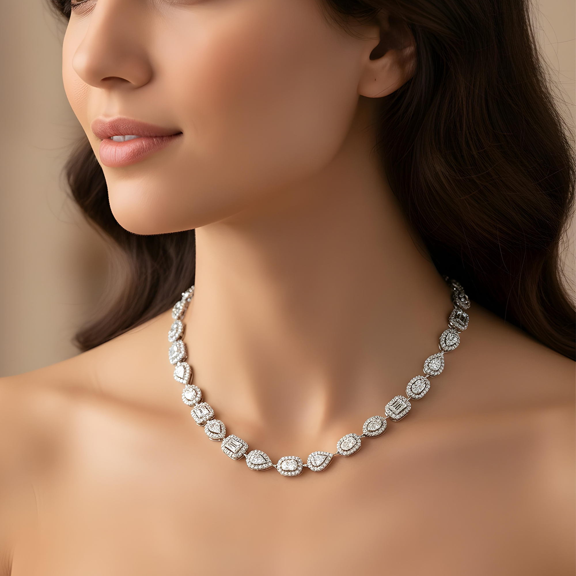 14K Yellow Gold Round & Baguette Cut Diamond Satellite Necklace 12.38ct