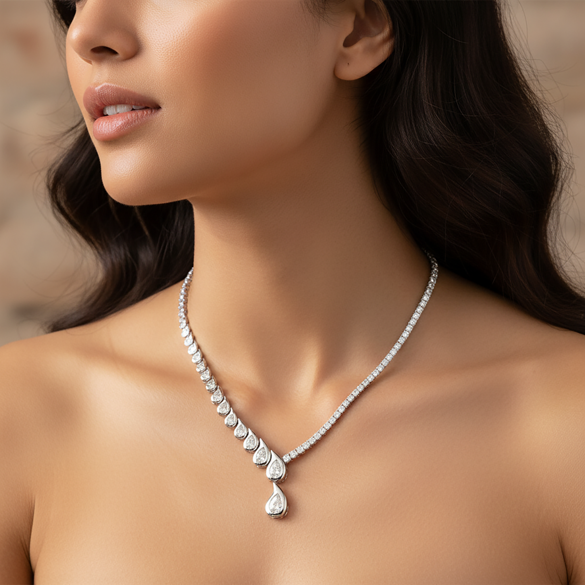 14K Yellow Gold Two Faced Graduated Pear Cut Diamond Drop Necklace 16.66ct
