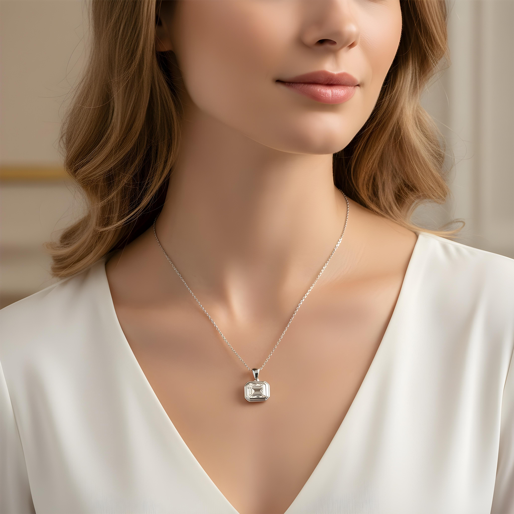 14K Yellow Gold Bezel Set Solitaire Emerald Cut Diamond Necklace 2.09ct