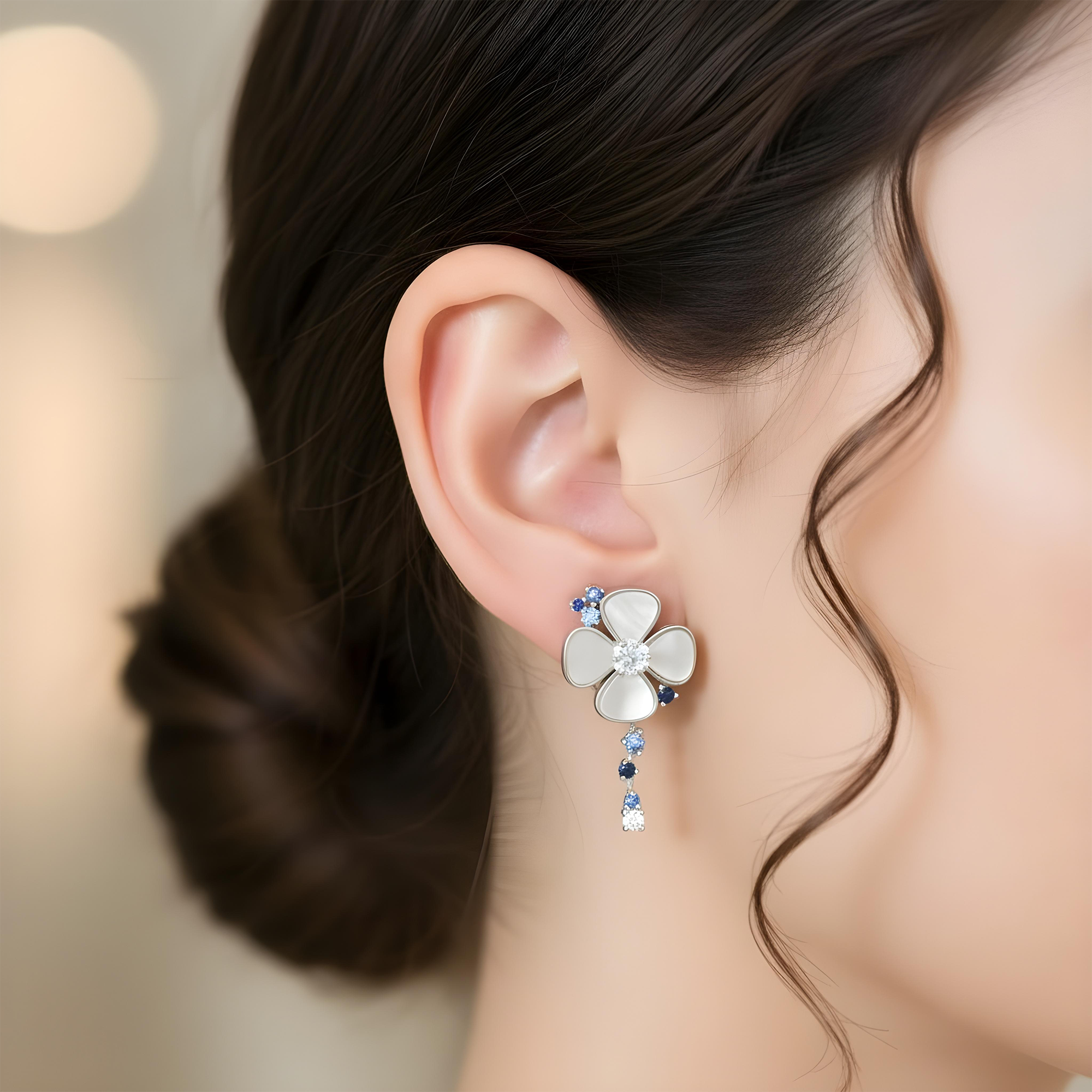 18K Yellow Gold Mother of Pearl/Blue Sapphire & Diamond Flower Drop Earrings 0.52ctw