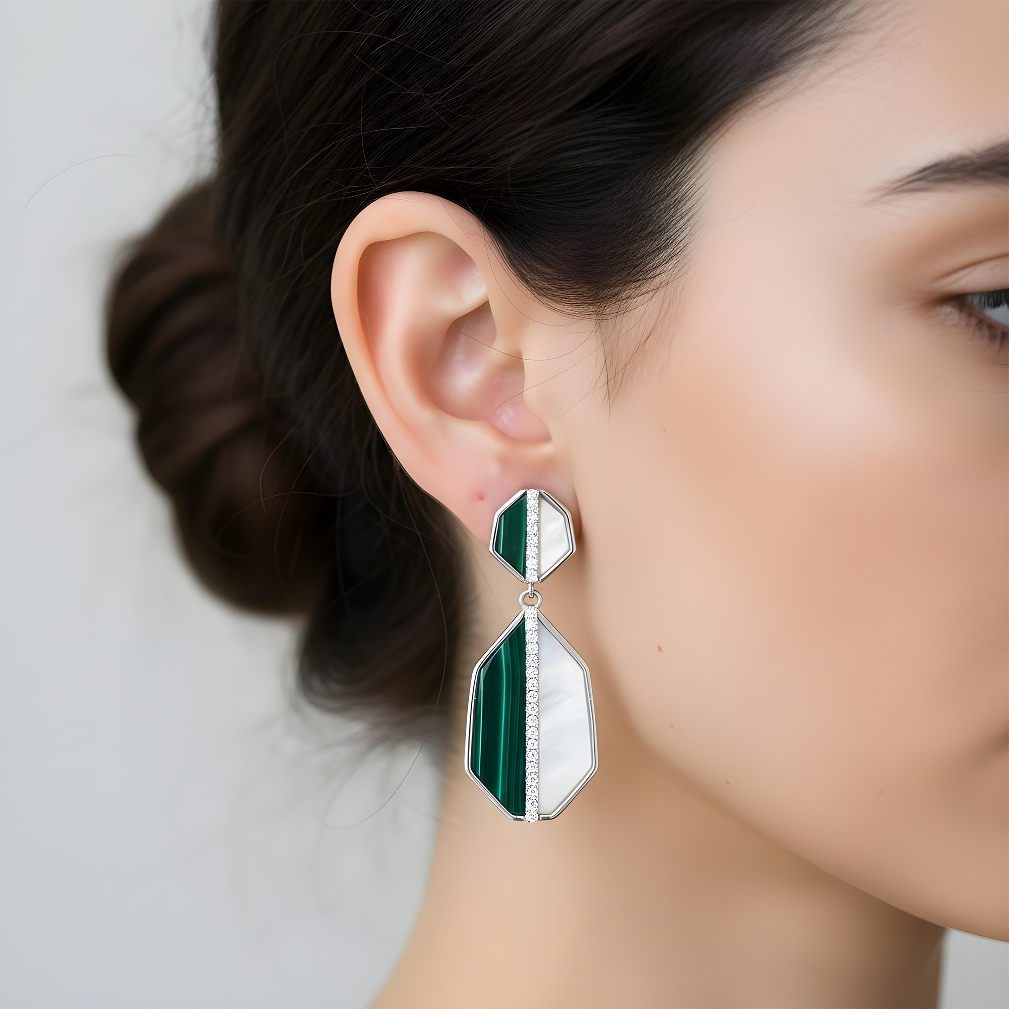 14K Yellow Gold Mother of Pearl/Malachite & Diamond Drop Earrings 0.25ctw
