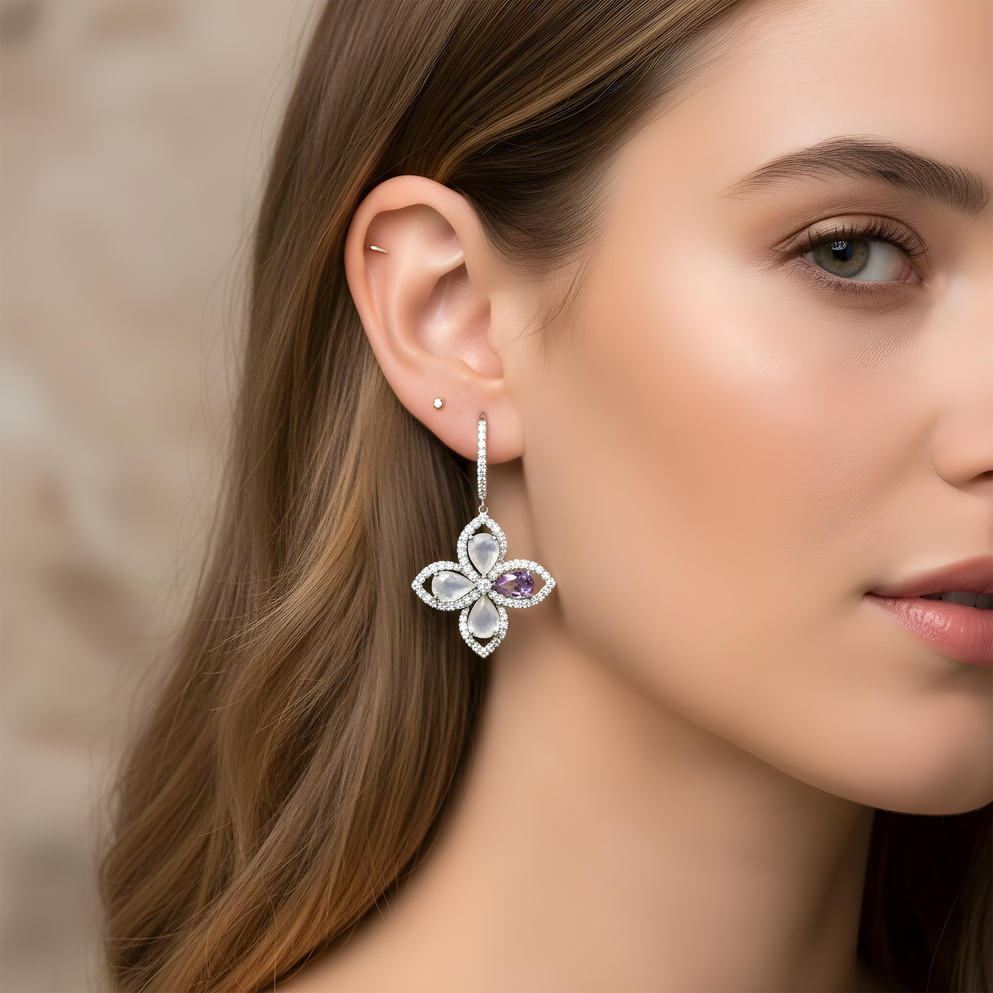 18K Rose Gold Pink Sapphire/Quartz & Diamond Flower Drop Earrings 1.30ctw