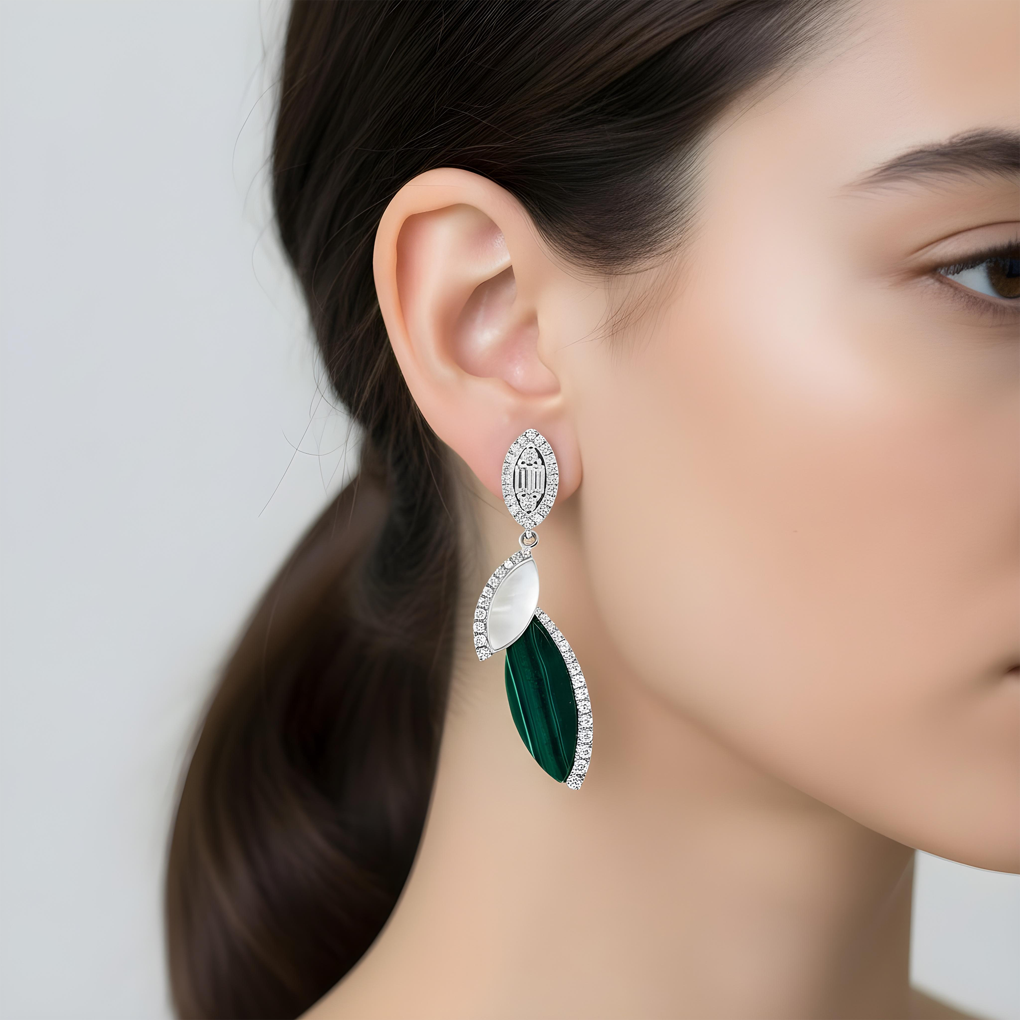 18K Yellow Gold Mother of Pearl/Malachite & Diamond Drop Earrings 0.45ctw