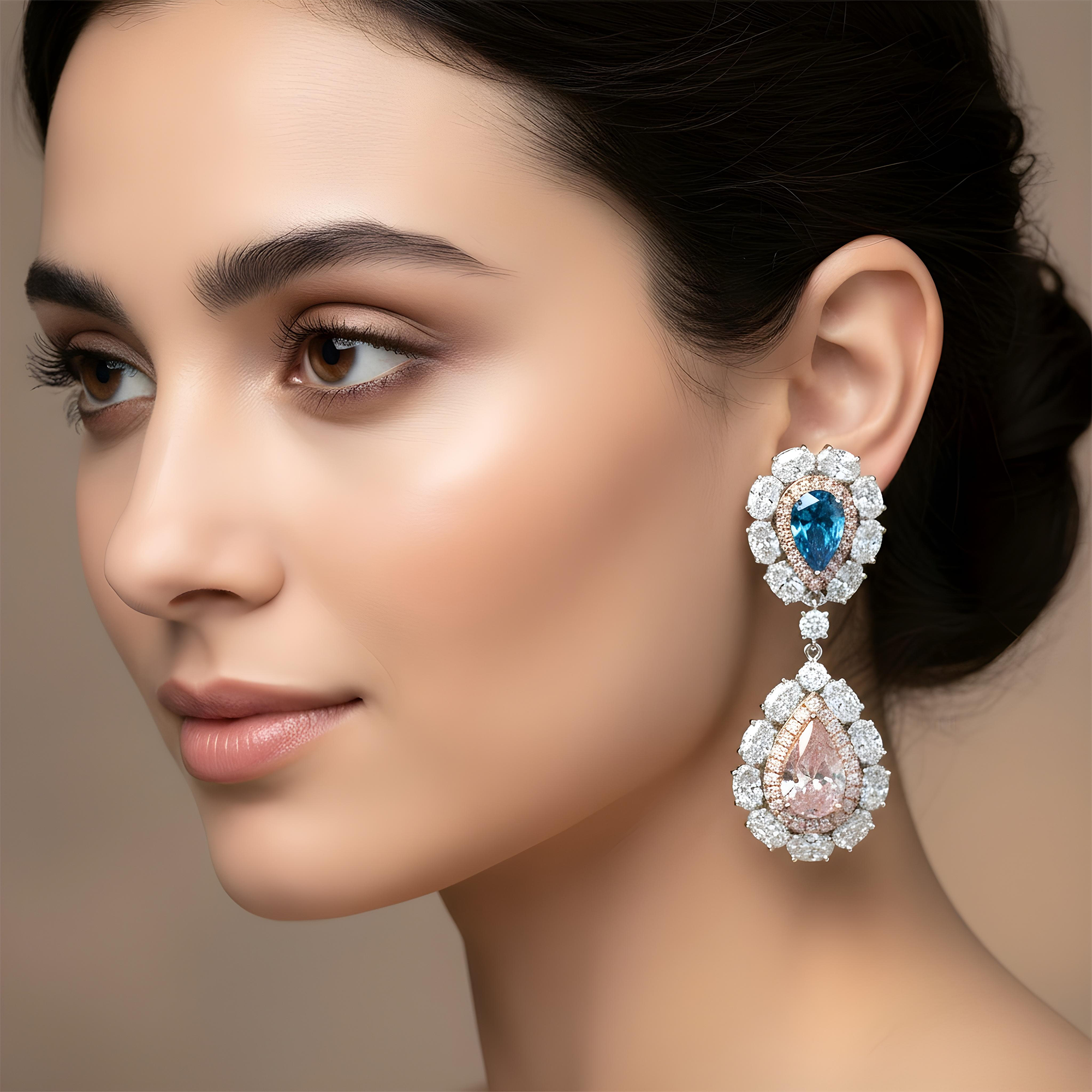 14K White Gold Multi Cut Fancy Pink & Blue Diamond Drop Earrings 14.02ctw