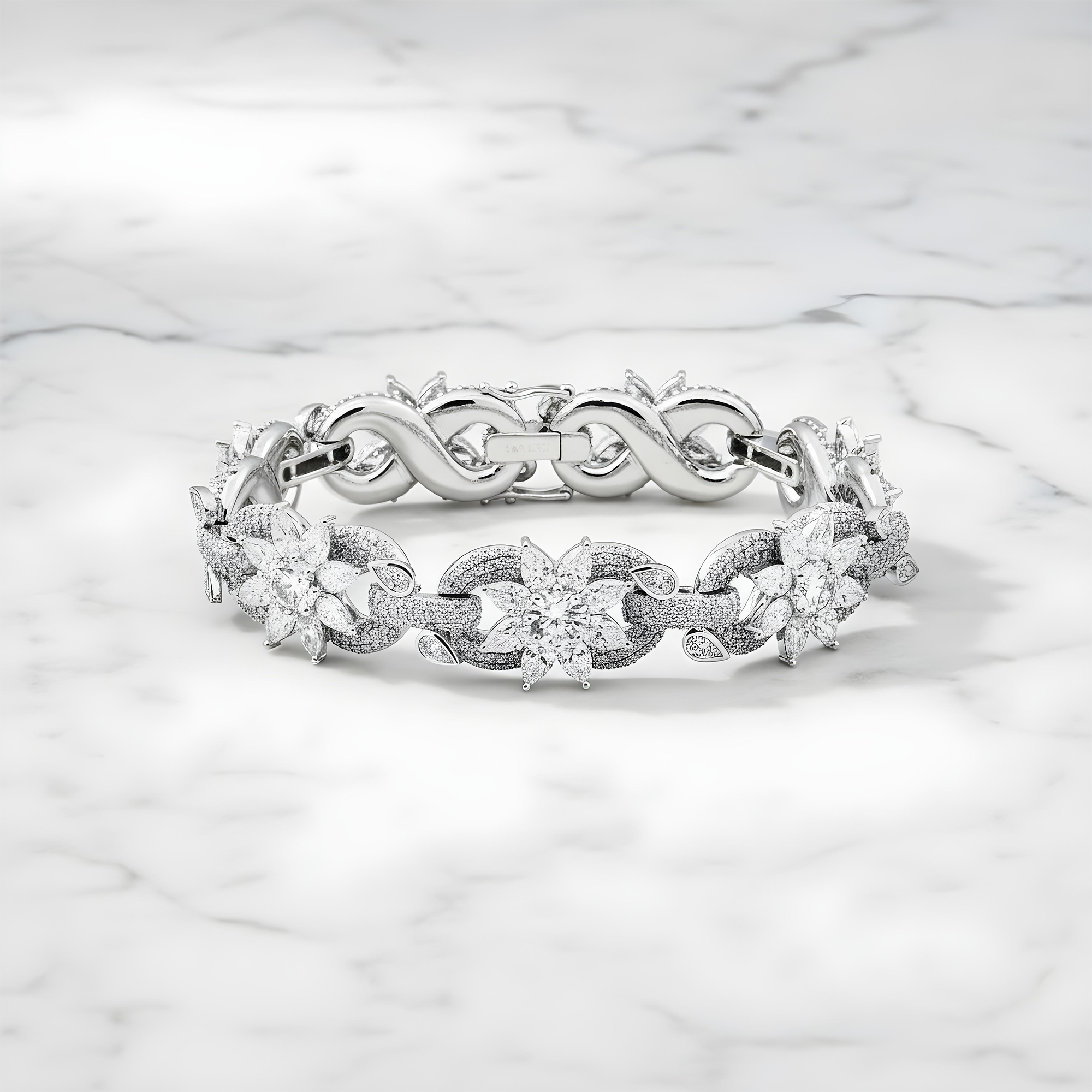 14K White Gold Round & Pear Cut Diamond Flower Bracelet 28.56ct