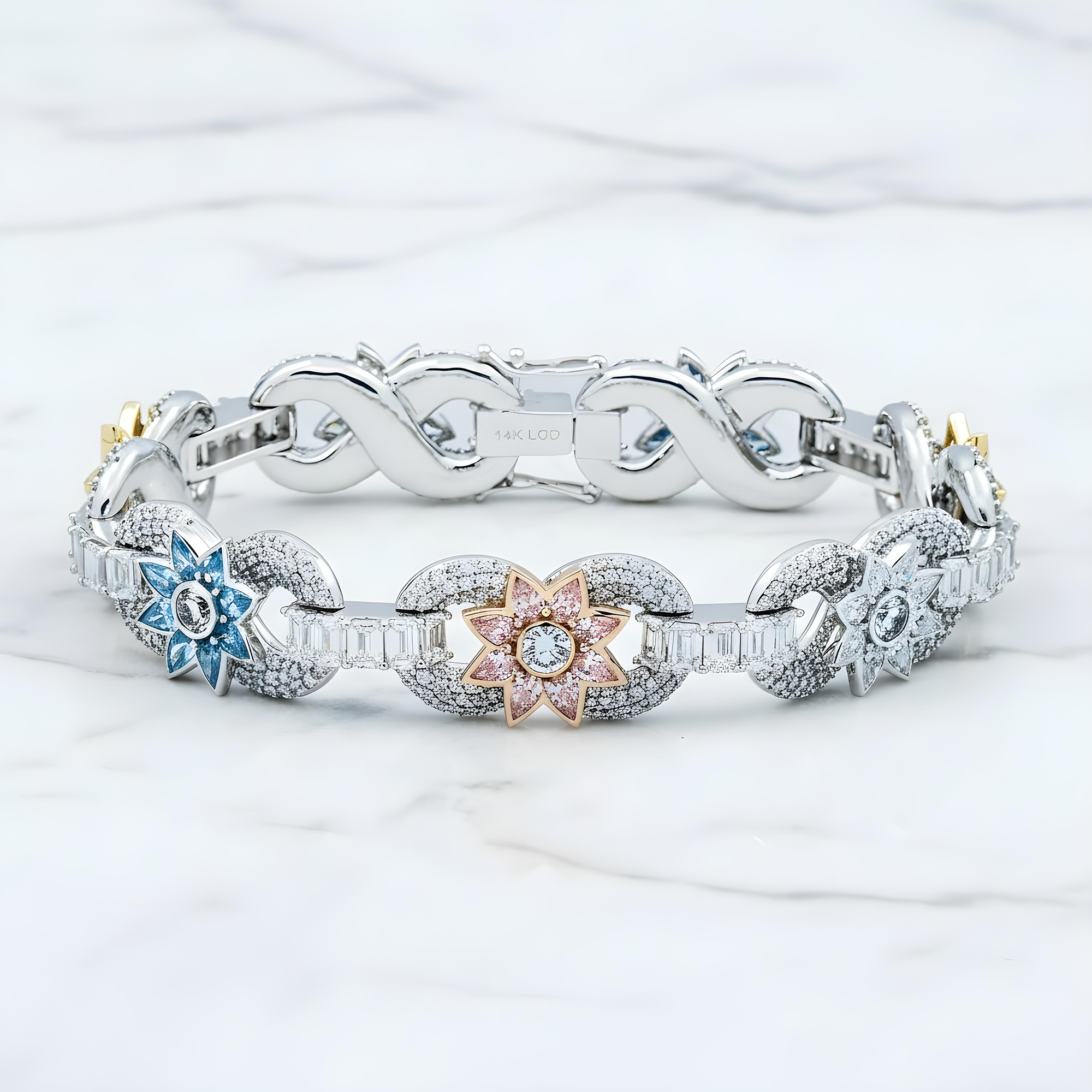 14K Two Tone Fancy Color Round & Pear Cut Diamond Flower Bracelet 20.37ct