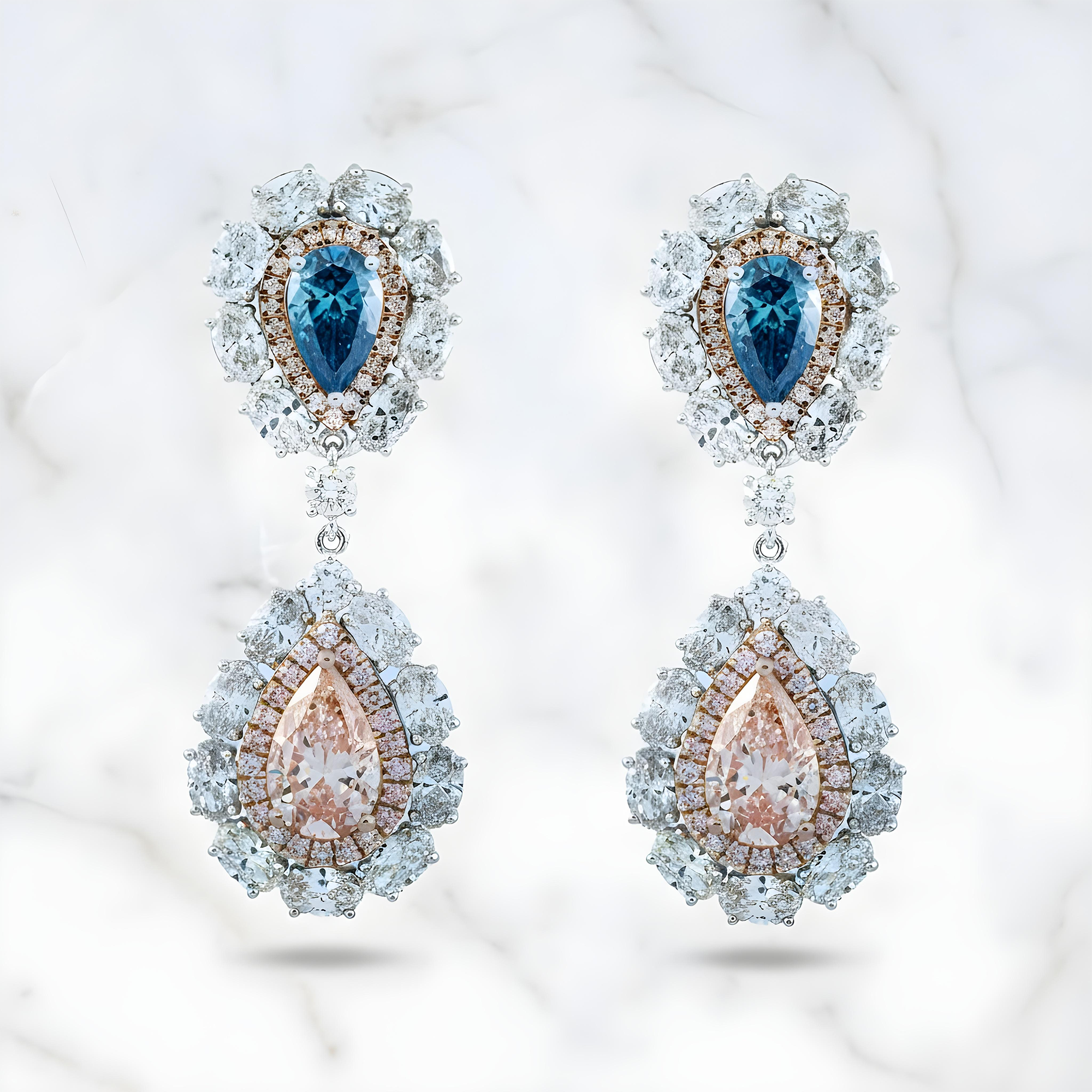 14K White Gold Multi Cut Fancy Pink & Blue Diamond Drop Earrings 14.02ctw