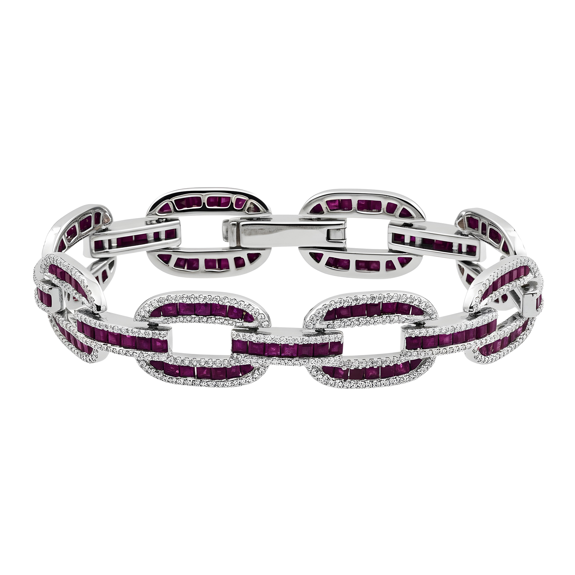 14K Yellow Gold Ruby & Diamond Hermes Link Chain Bracelet 12.09ct