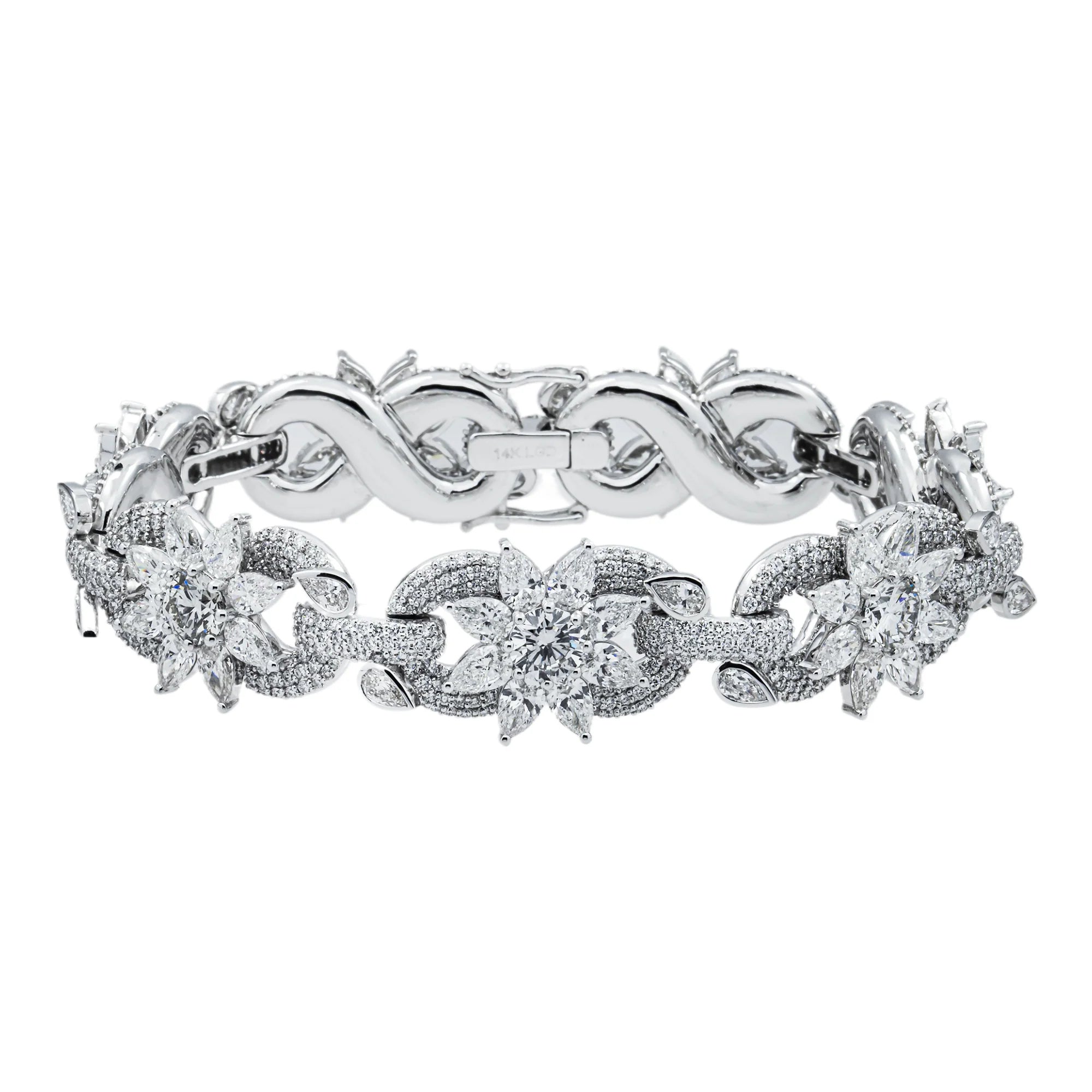 14K White Gold Round & Pear Cut Diamond Flower Bracelet 28.56ct