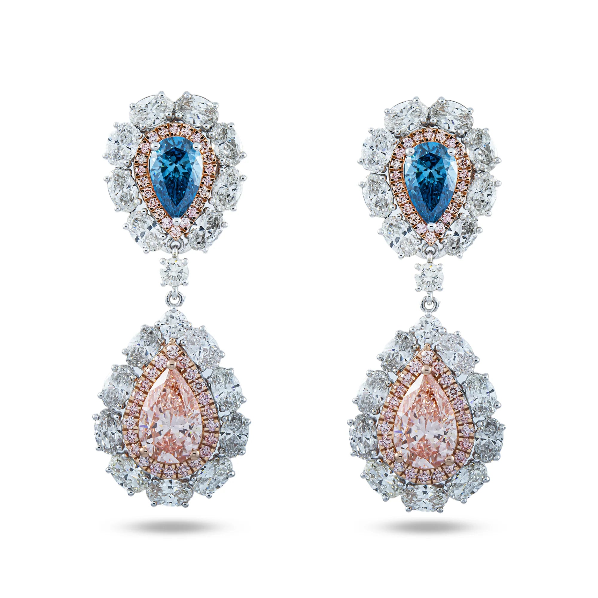 14K White Gold Multi Cut Fancy Pink & Blue Diamond Drop Earrings 14.02ctw