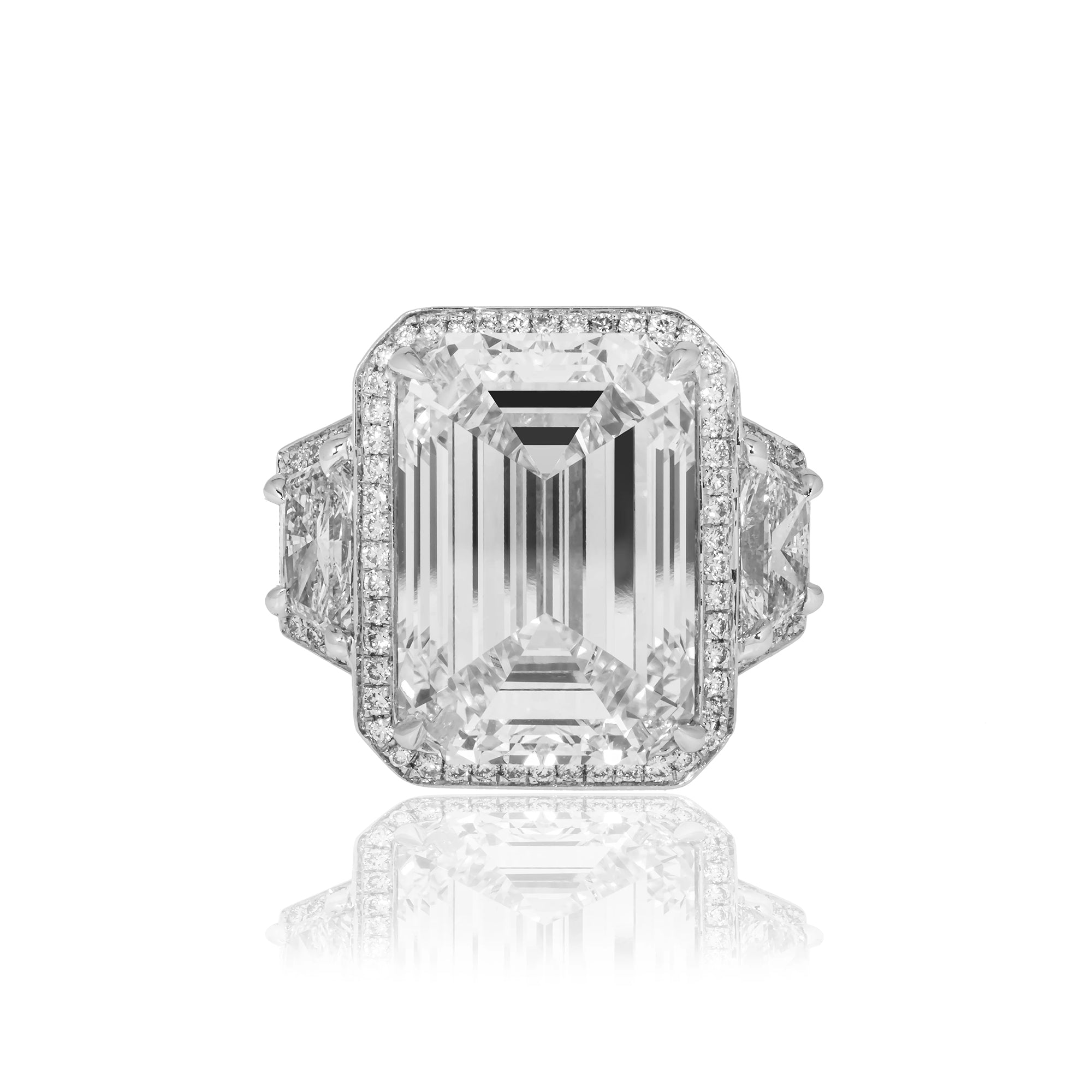 Platinum 12.32ct Emerald Cut Triple Diamond Engagement Ring 15.31ctw
