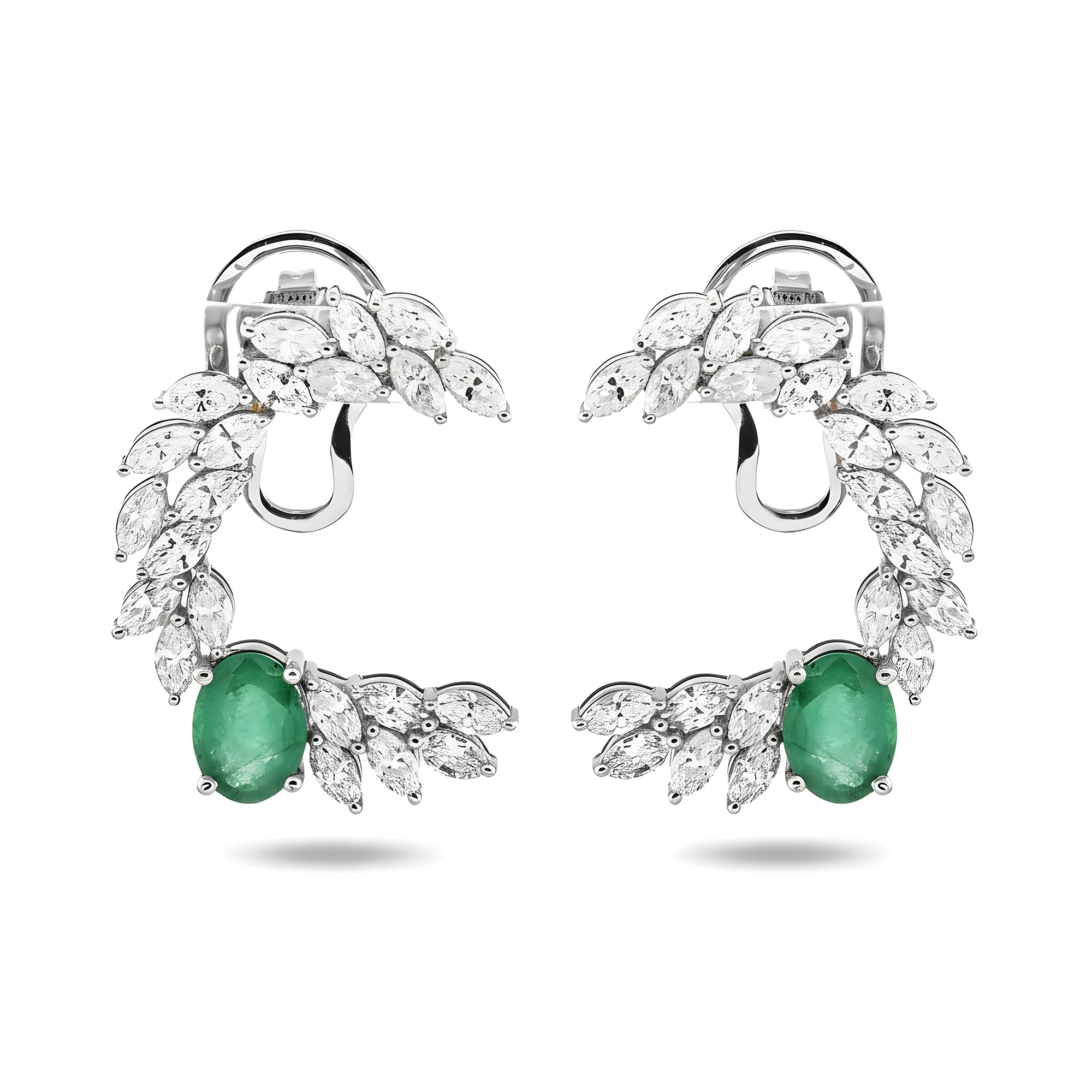 14K Yellow Gold Oval Cut Emerald & Marquise Cut Diamond Open Hoop Earrings 5.92ctw