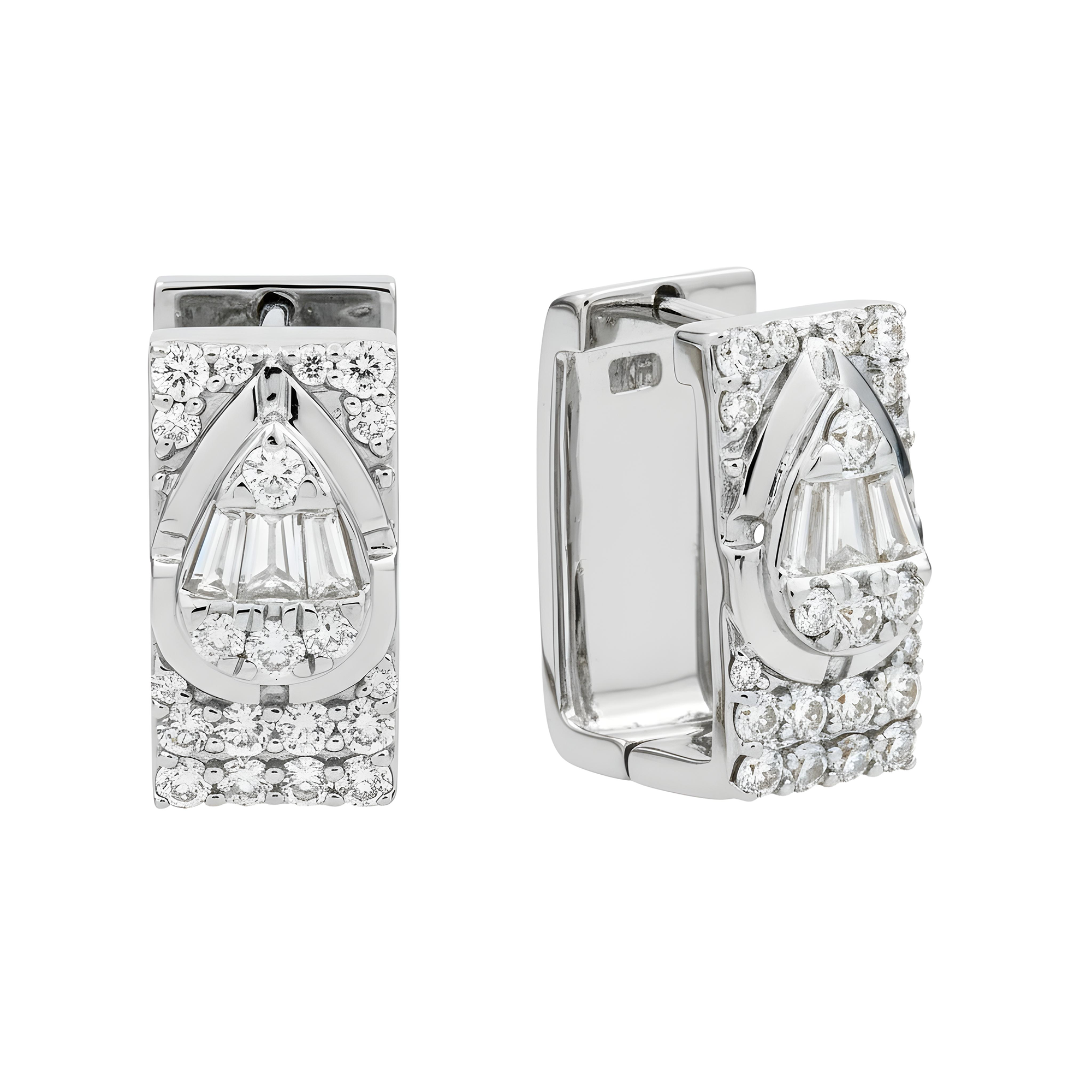 14K Two Tone Baguette & Round Diamond Square Hoop Huggie Earrings 1.20ctw