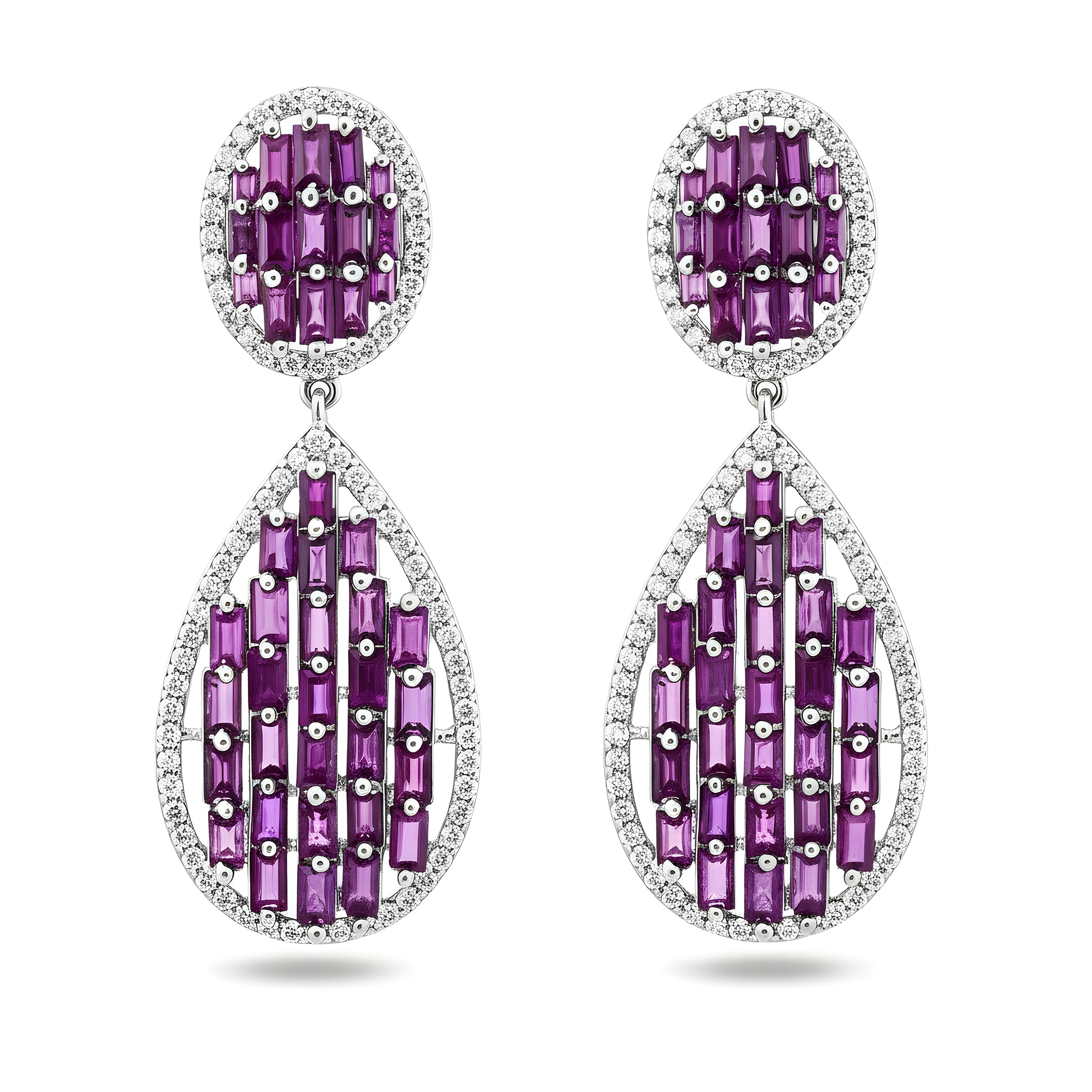 14K Yellow Gold Emerald Cut Pink Sapphire & Diamond Drop Earrings