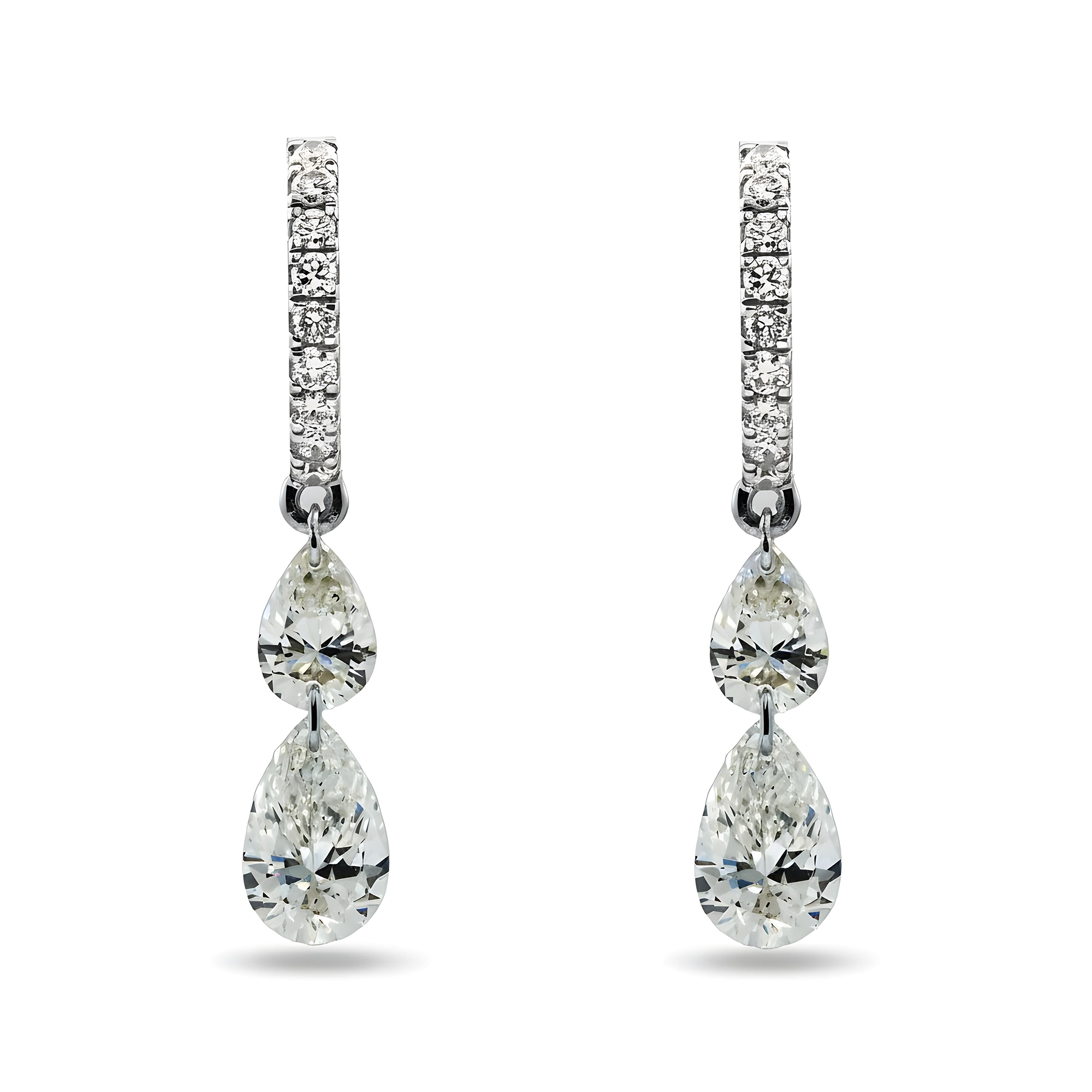 14K Yellow Gold Round & Pear Cut Diamond Huggie Drop Earrings 2.55ctw
