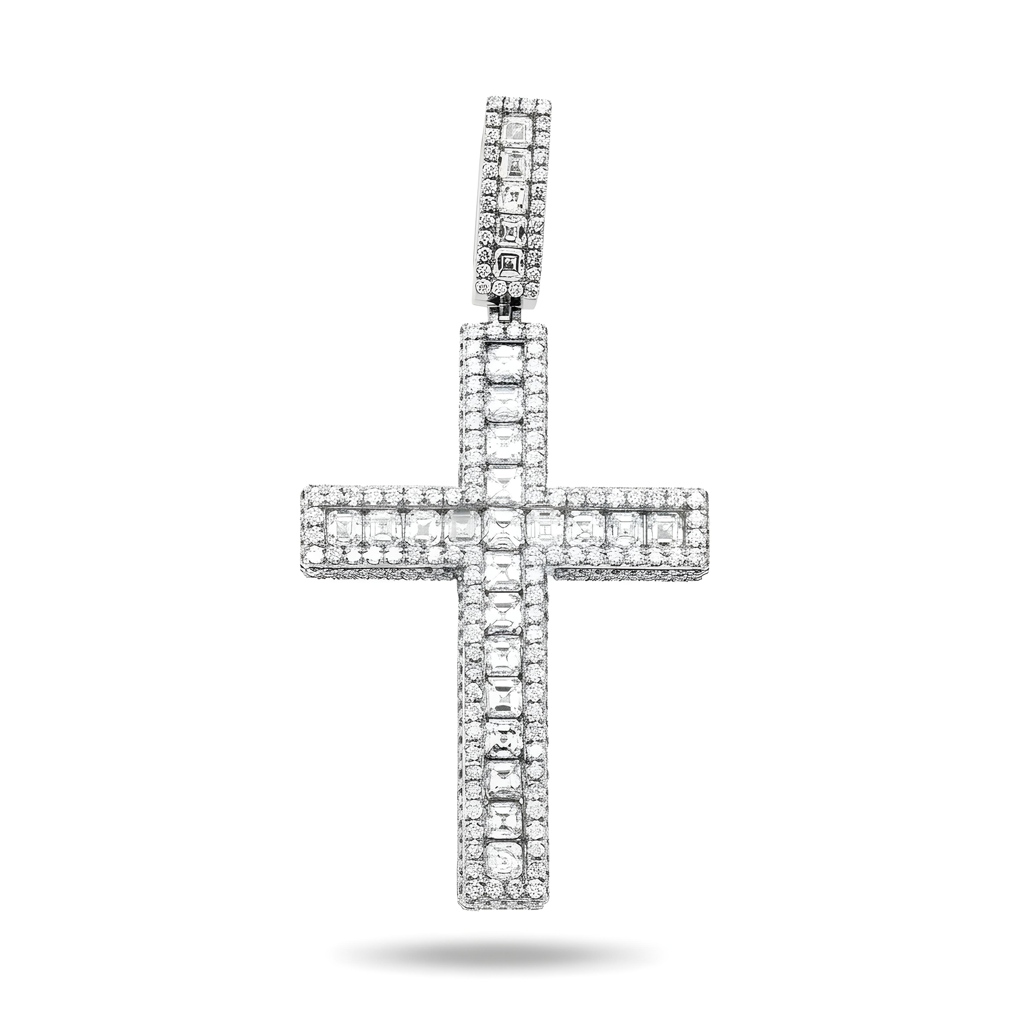 14K Yellow Gold Triple Sided Round & Asscher Cut Diamond Cross Pendant 9.54ct