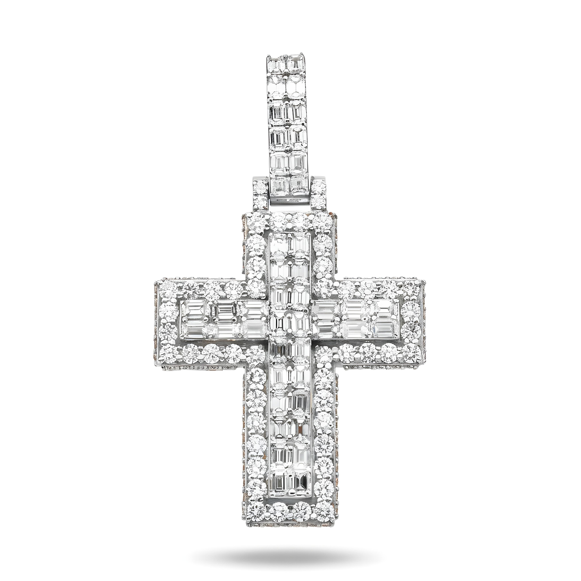 14K Two Tone Round Diamond Bilevel Cross Pendant 6.90ct