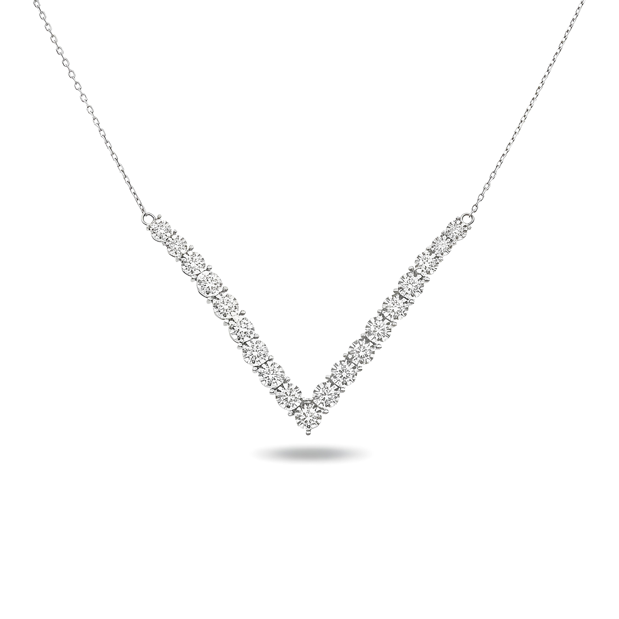 14K Yellow Gold Round Diamond V-Shape Drop Necklace 1.0ct