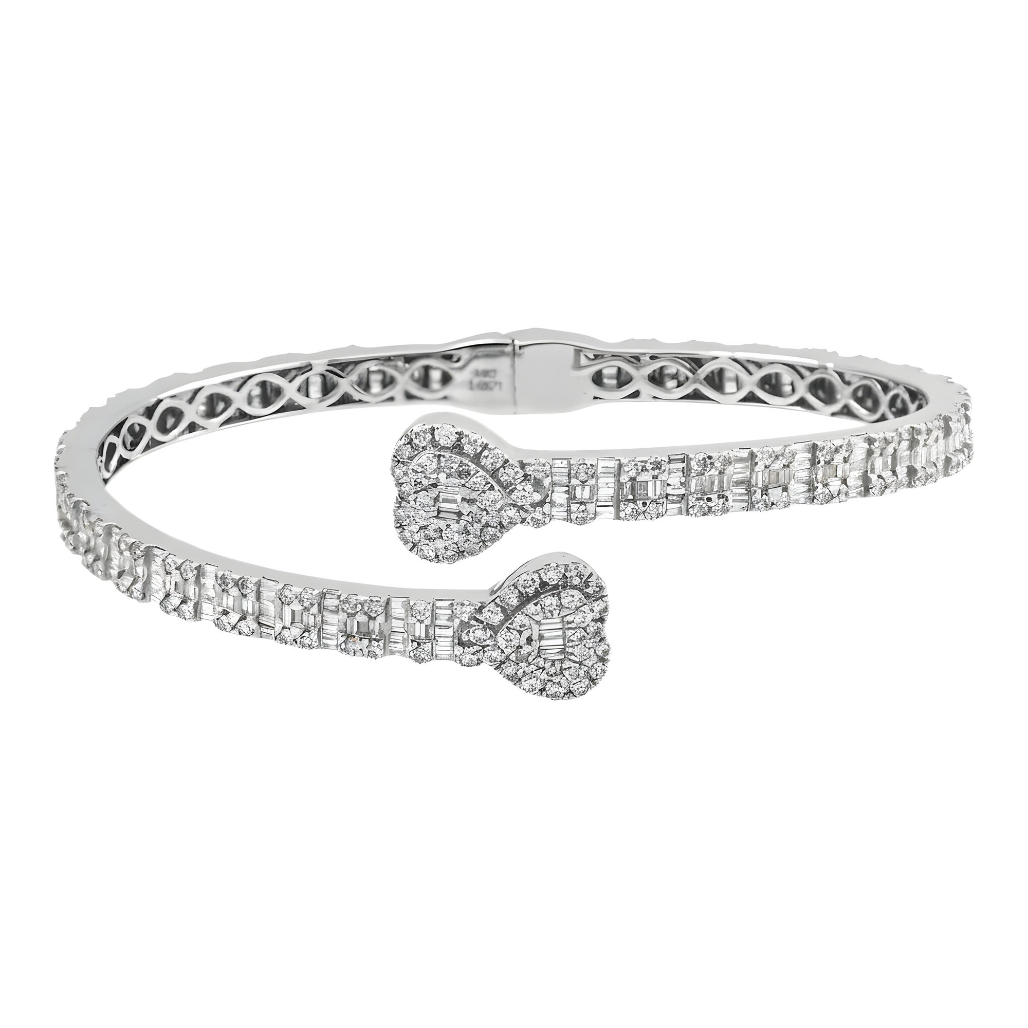 14K Yellow Gold Baguette & Round Diamond Heart Bangle Bracelet 4.50ct