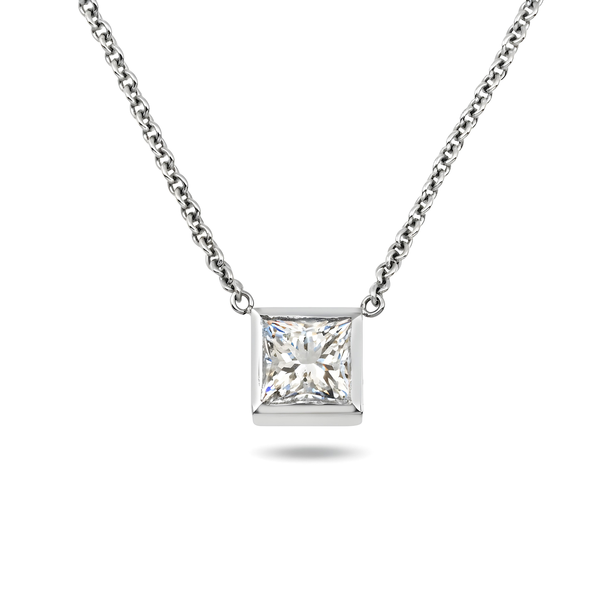14K Yellow Gold Bezel Set Solitaire Princess Cut Diamond Necklace 1.01ct