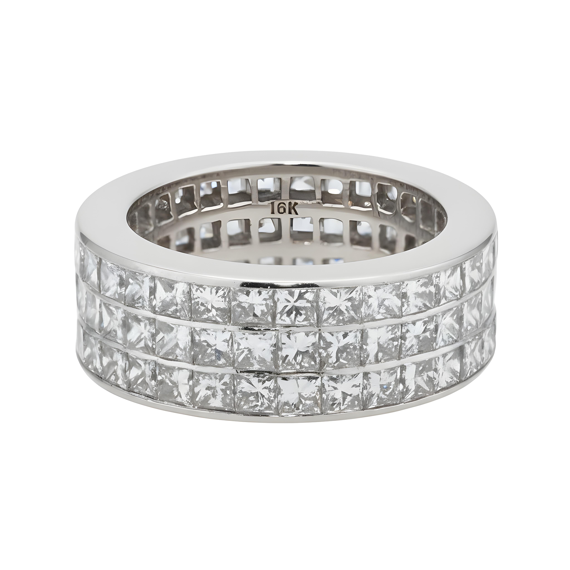 18K Yellow Gold Triple Row Princess Cut Diamond Eternity Ring 6.96ct