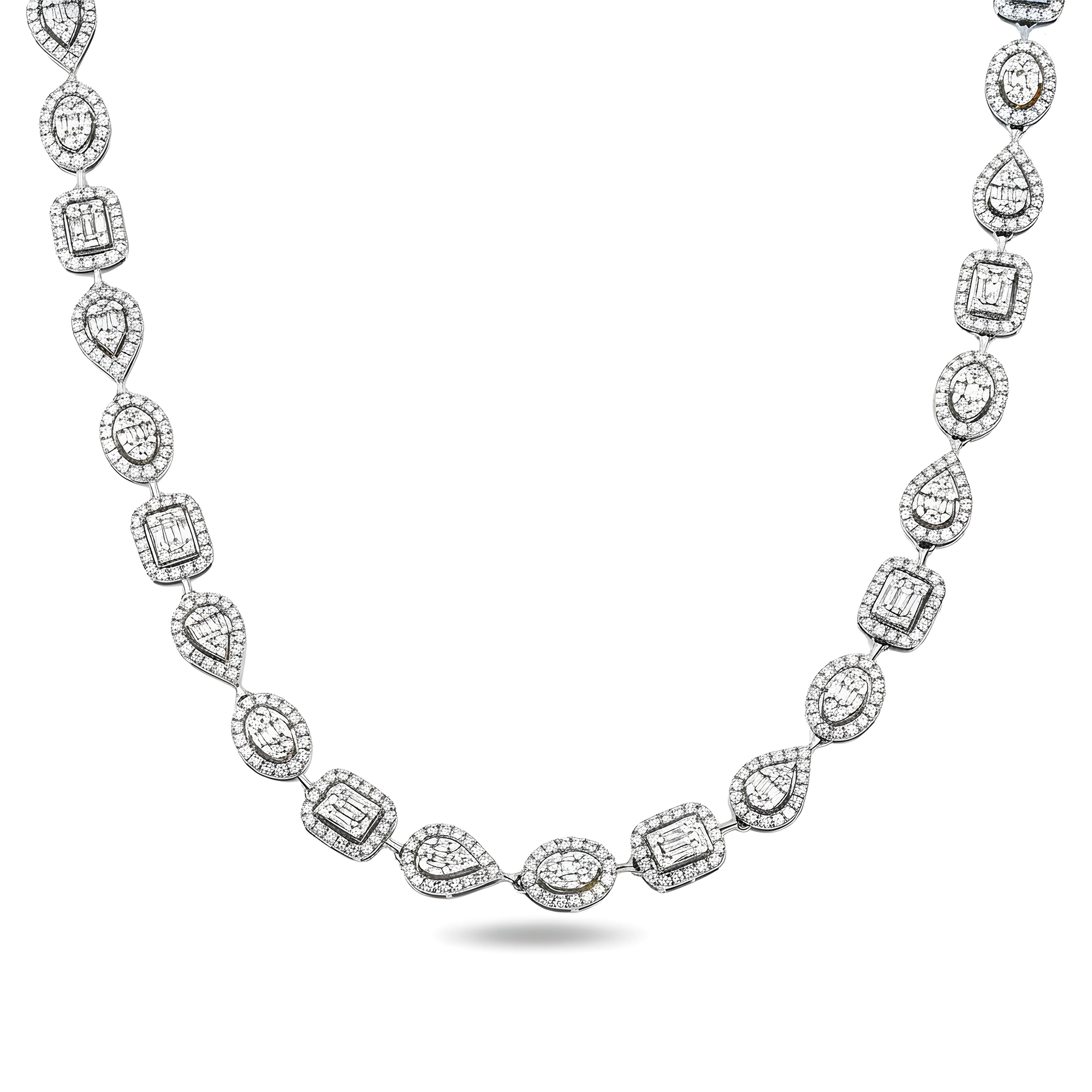 14K Yellow Gold Round & Baguette Cut Diamond Satellite Necklace 12.38ct
