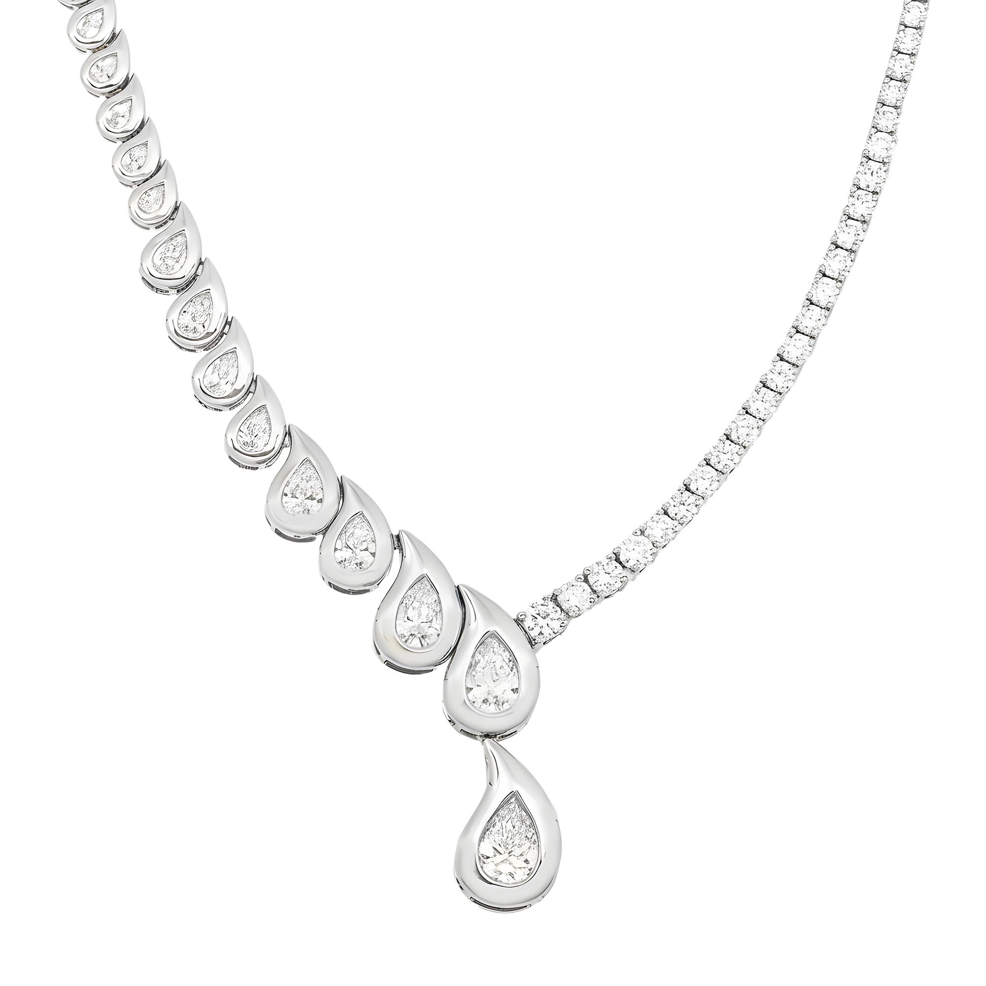 14K Yellow Gold Two Faced Graduated Pear Cut Diamond Drop Necklace 16.66ct