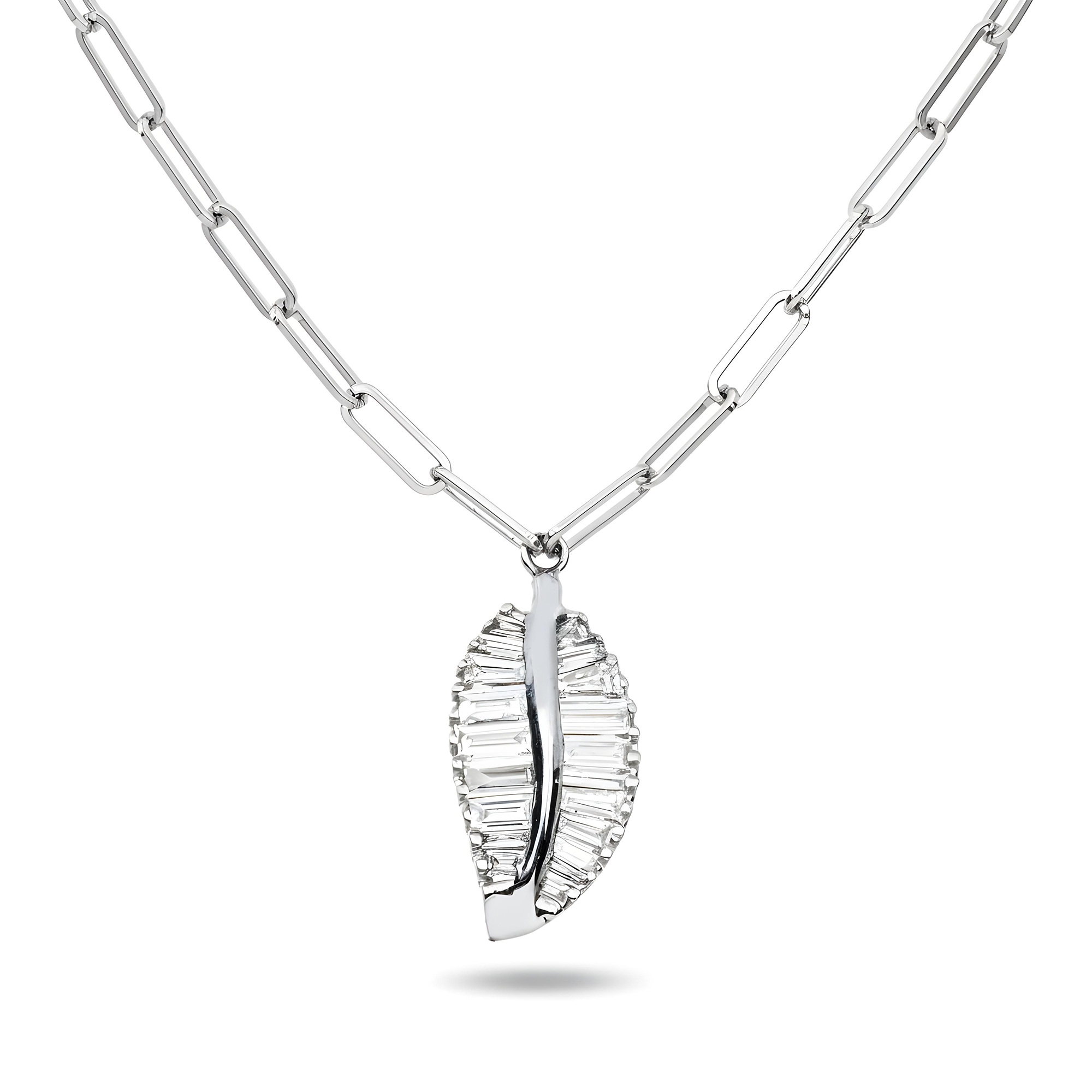 14K Two Tone Baguette Cut Diamond Leaf Pendant & Chain Necklace 0.90ct
